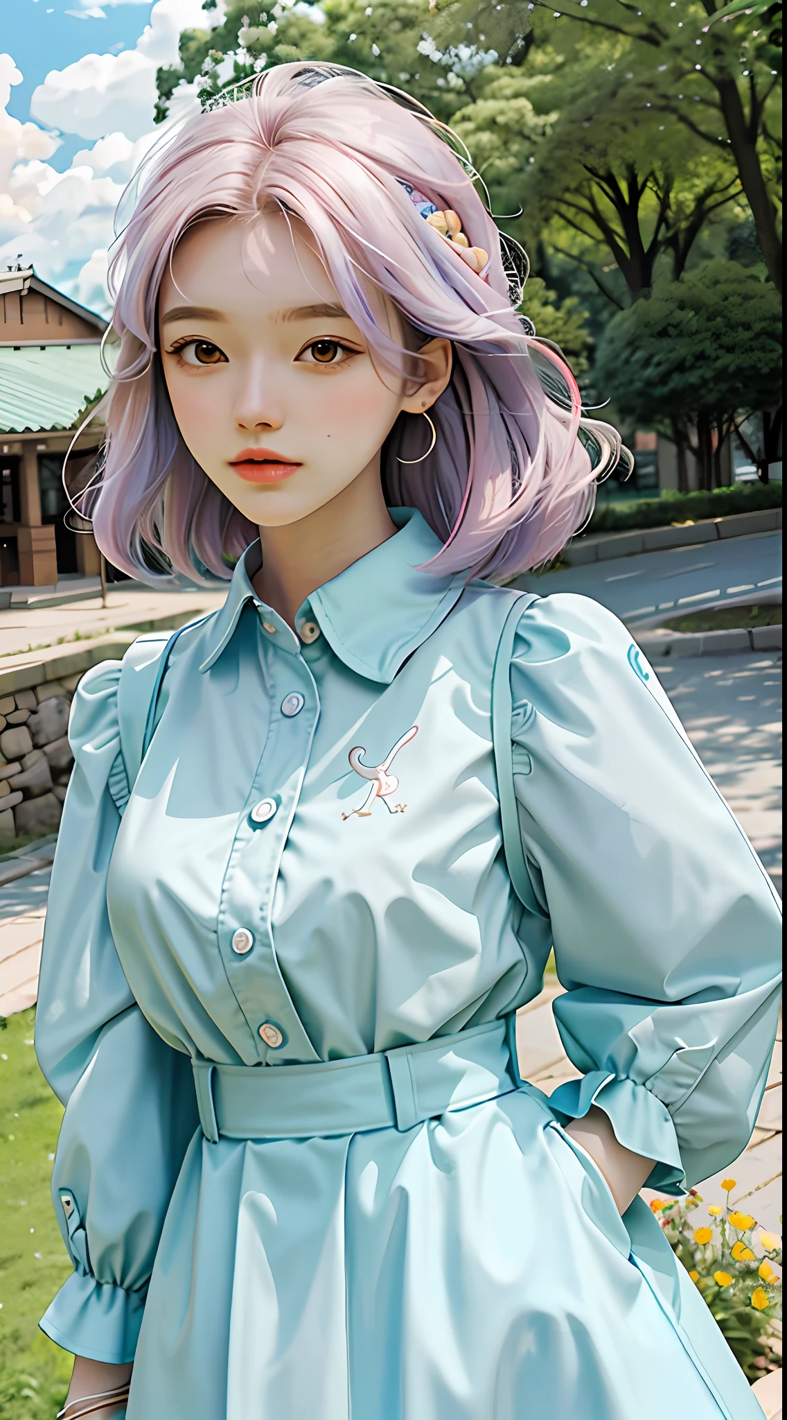 masterpiece, best quality, spring outfit, colorful hair, outdoor,cloud ,upper body,