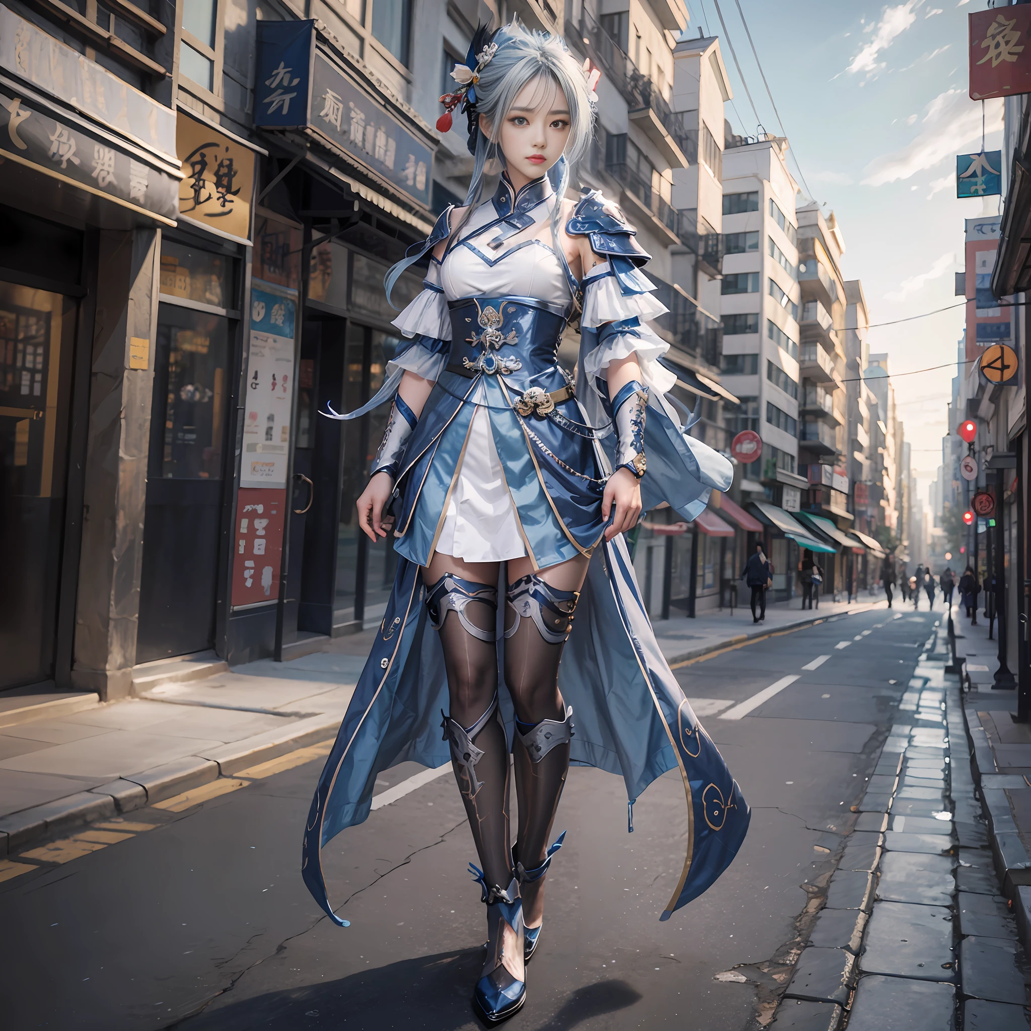 anime character dressed in a full outfit standing on a city street, a portrait inspired by Hong Ren, trending on cg society, dau-al-set, lunar themed attire, sliver ice color reflected armor, full body xianxia, costume with blue accents, keqing from genshin impact, ayaka genshin impact, blue and ice silver color armor --auto --s2