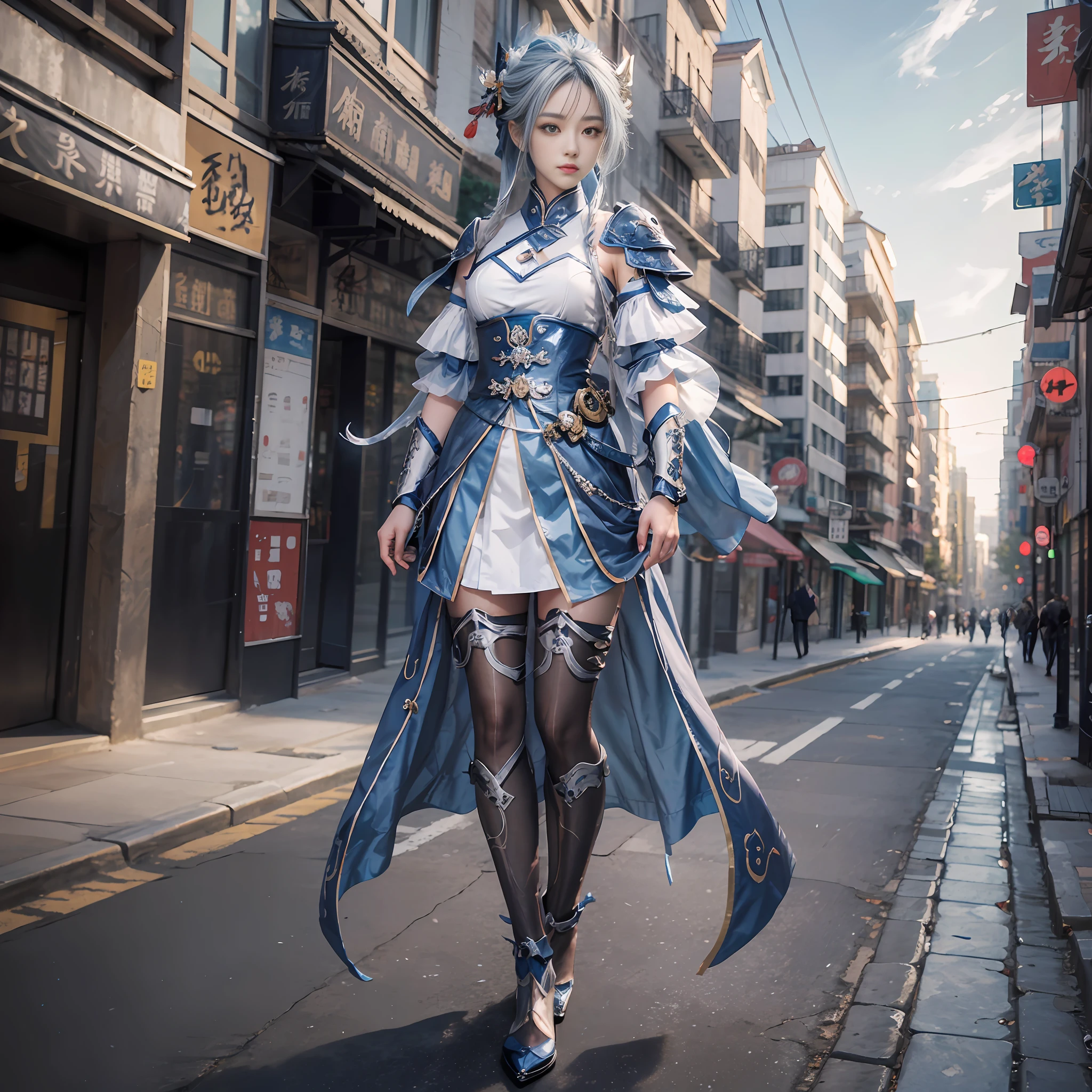 anime character dressed in a full outfit standing on a city street, a portrait inspired by Hong Ren, trending on cg society, dau-al-set, lunar themed attire, sliver ice color reflected armor, full body xianxia, costume with blue accents, keqing from genshin impact, ayaka genshin impact, blue and ice silver color armor --auto --s2