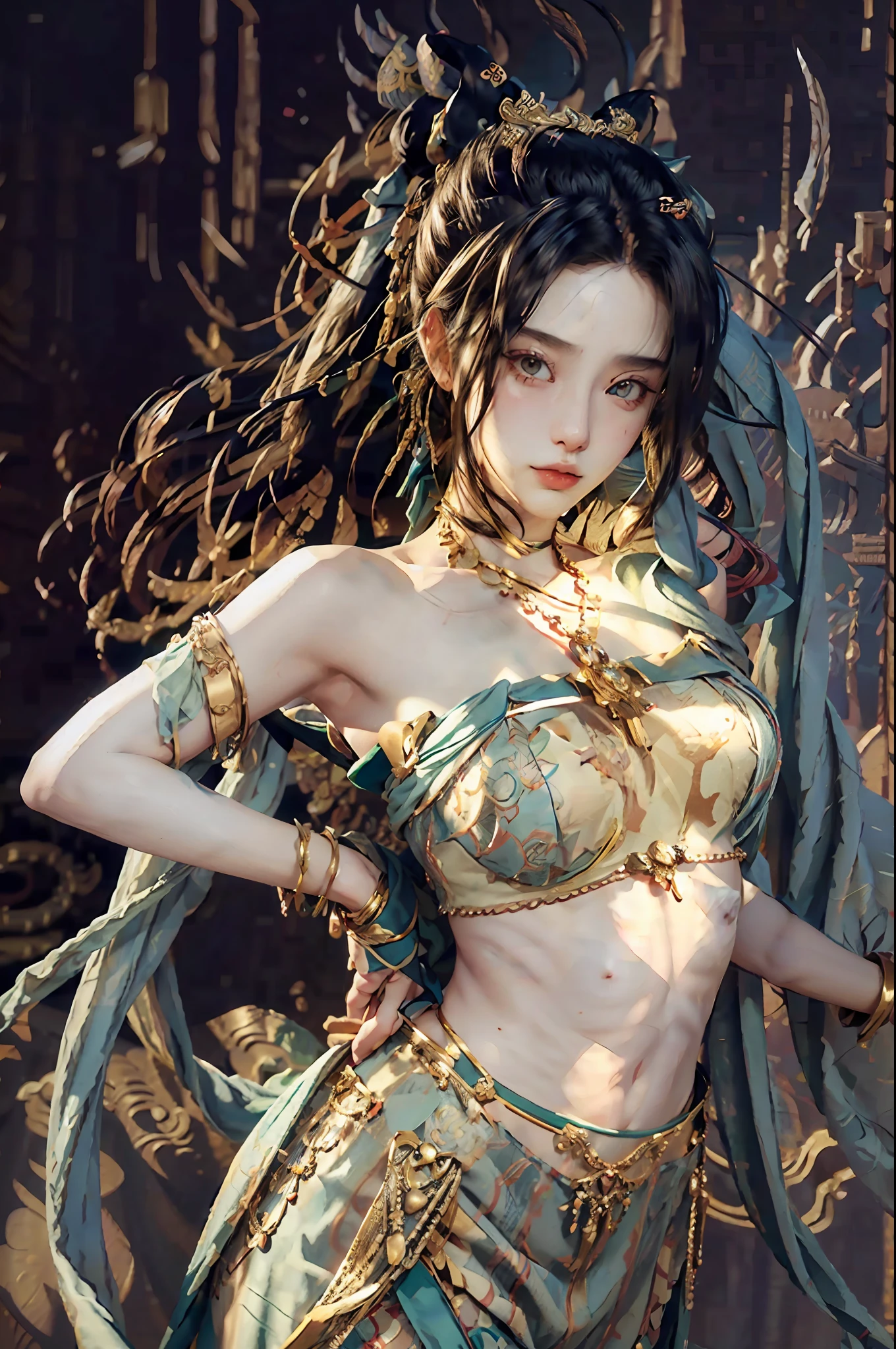 (RAW Photo, Best Quality), (Realistic, Photorealistic Real: 1.3), Best Quality, Highly Detailed, Masterpiece, Ultra Detailed, Illustration, 1 Girl, upper_body, Dynamic Angle, Huge Building Background, World Mastery Theater, messy_long_hair, Best Quality, Extremely Detailed CG Uniform 8k Wallpaper, Ink, Amazing, Movie Lighting, lens_flare, dunhuang_style, Sexy, Strapless Crop Top, Rich figure, hands on the back, delicate collarbone, patterned stockings, full body color pattern, gemstone hanging, chest decoration,