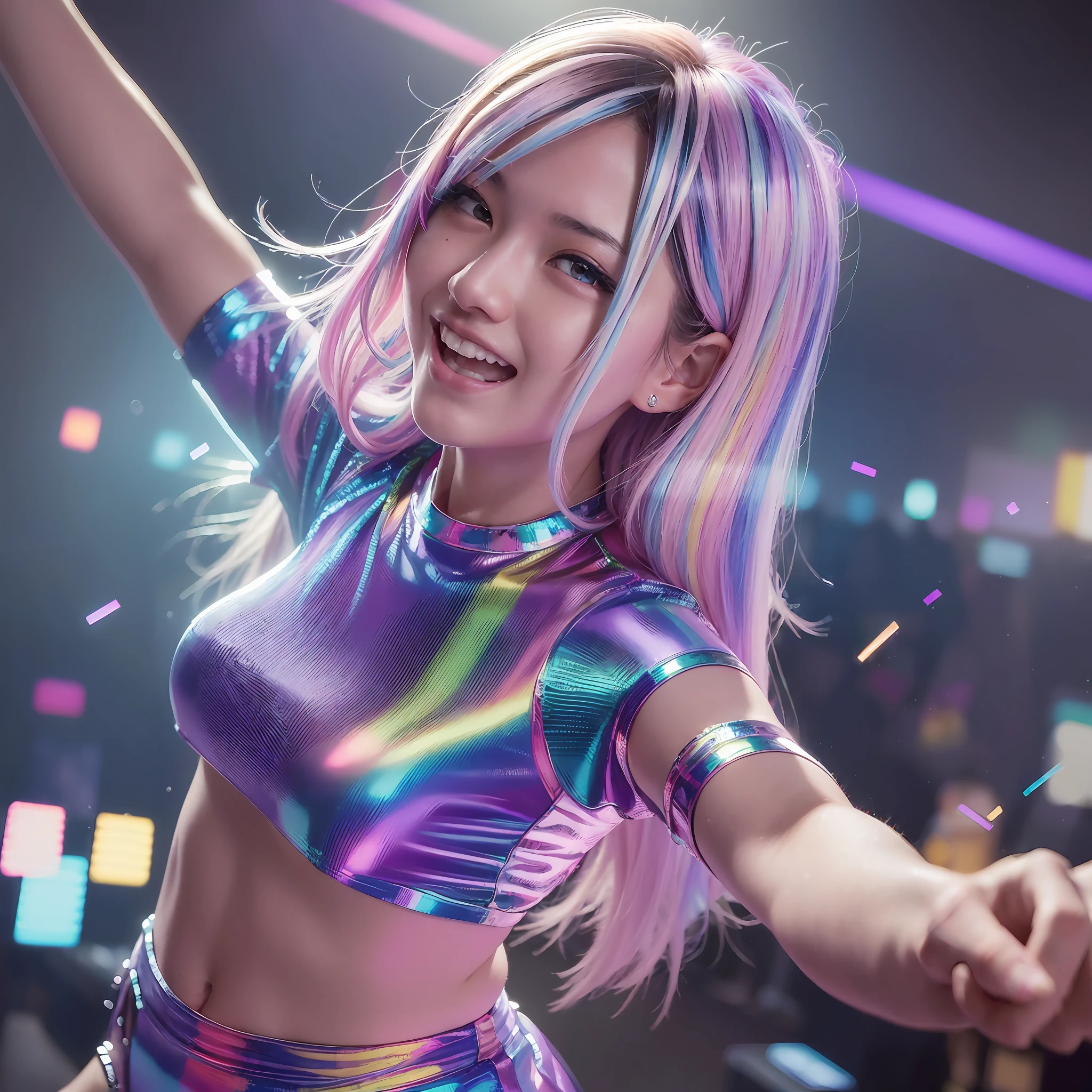 masterpiece, (best quality:1.2), (chromatic aberration:1.5), 1 Japanese girl, simple t-shirt, dancing, laughing, having fun, nightclubs in New York, dance floor, disco mirror ball lighting is diffused, cinematic light, backlighting, star lens flare, front lighting, beautiful detailed face, beautiful detailed eyes,