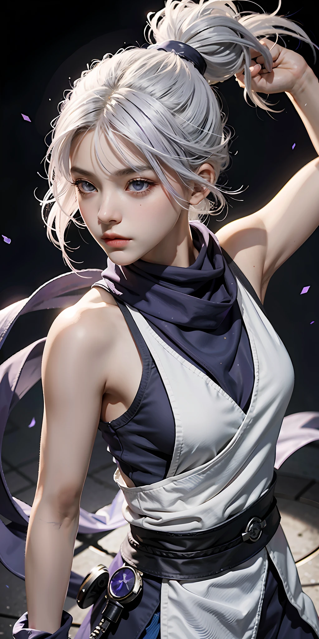 upper body, 1girl, white hair, ponytail, purple eyes, (ninja), short sword, medium breats ,scarf, wallpaper, magic circle background, light particles, blue fire,