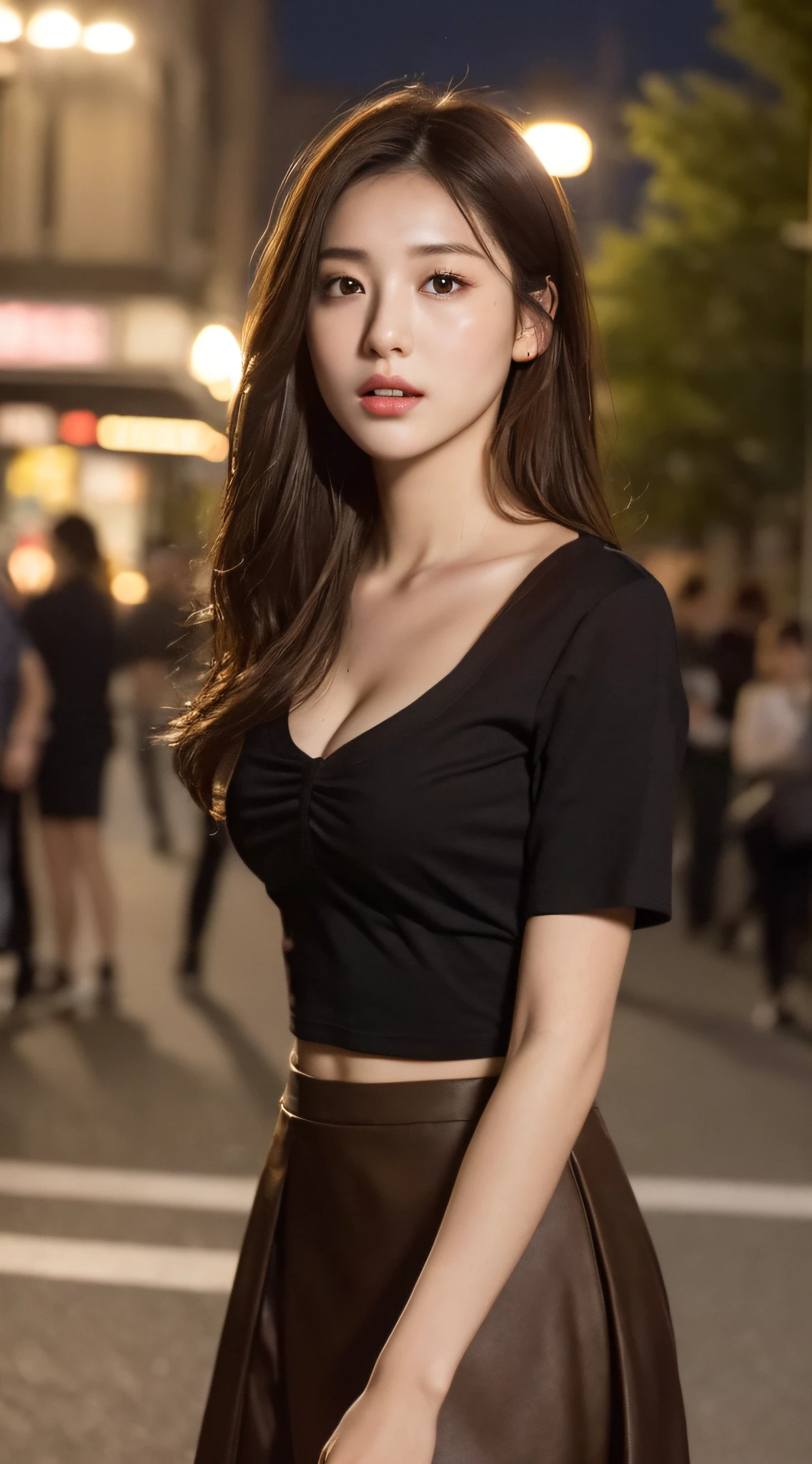 ((Realistic lighting, Best quality, 8K, Masterpiece:1.3)), Focus: 1.2, 1girl, Perfect Beauty: 1.4, Slim Abs: 1.1, ((Dark Brown Hair))Bust, (Gauze Skirt 1.4), (Outdoor, Night: 1.1), City Street, Ultra Fine Face, Fine Eyes, Double Eyelids,