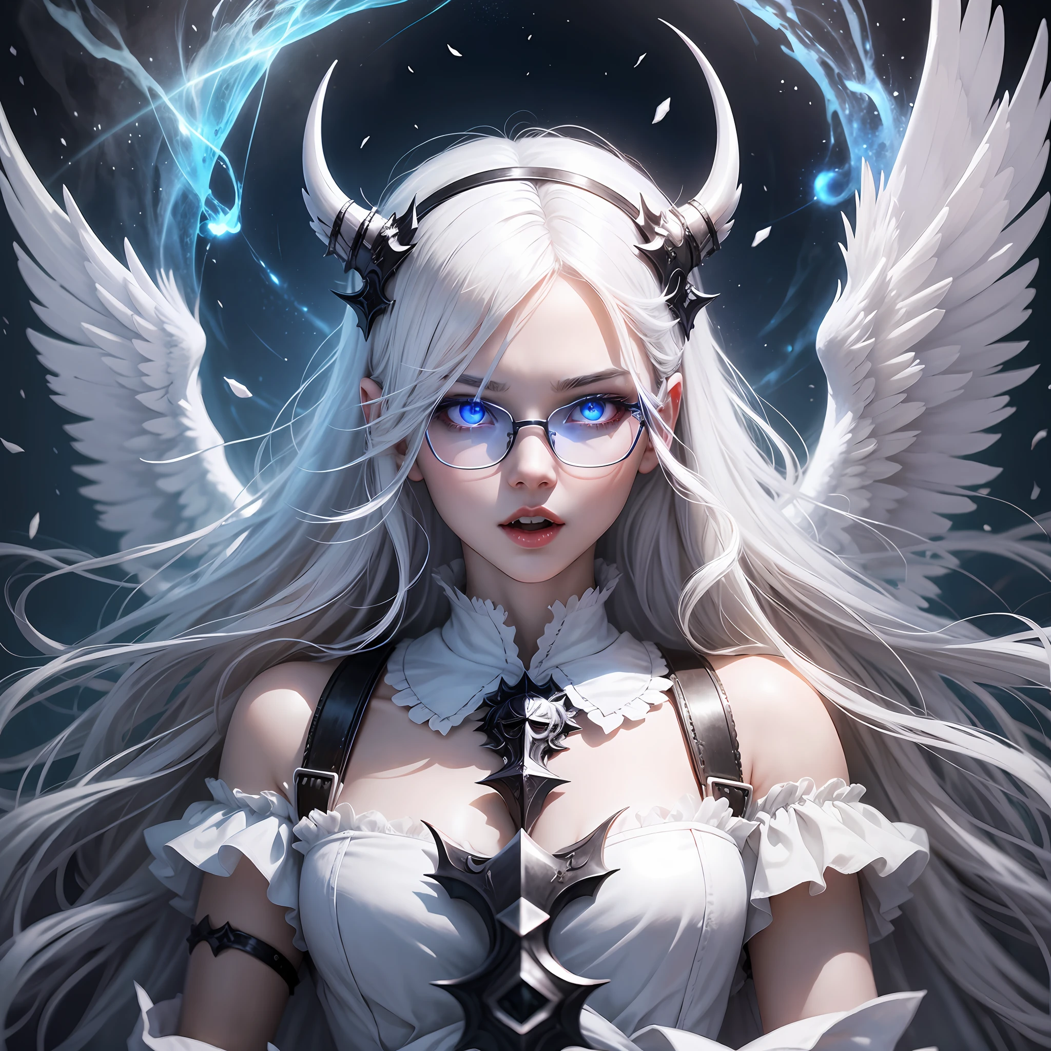 Angels from hell Boy Graceful appearance Snow-white hair Blood-blue glasses Fly into holy space by the terrifying hell --auto --s2