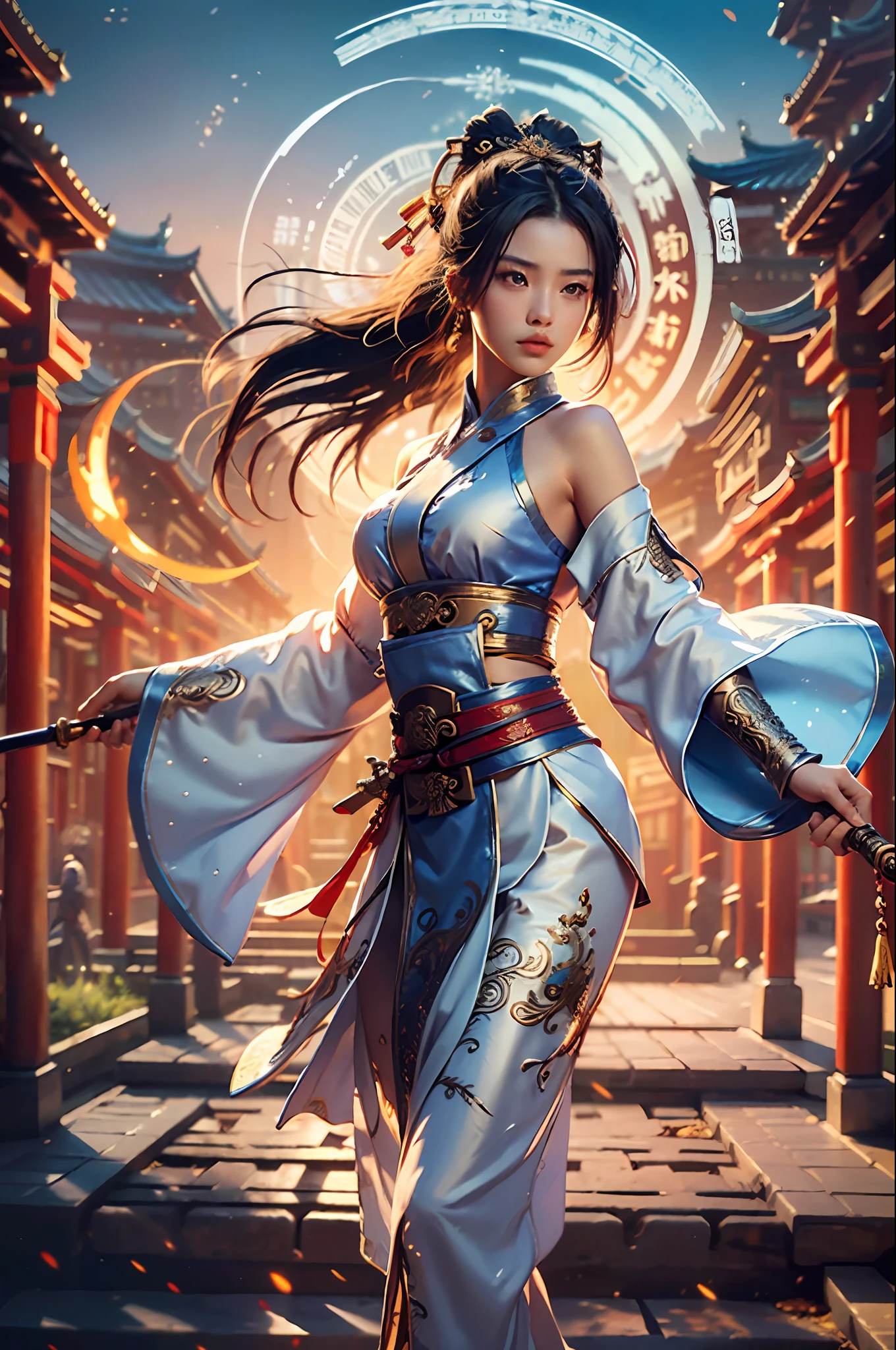 Best Quality, Masterpiece, Ultra High Resolution, (Realistic: 1.4), Xiuxian, Weapon, Detail Face, Big Tits, 1 Girl, Solo, Weapon, (Magic Circle: 1.2), Xiuxian, Upper Body, Beautiful Girl, Full Body, East Asian Architecture, Sheath, Building,