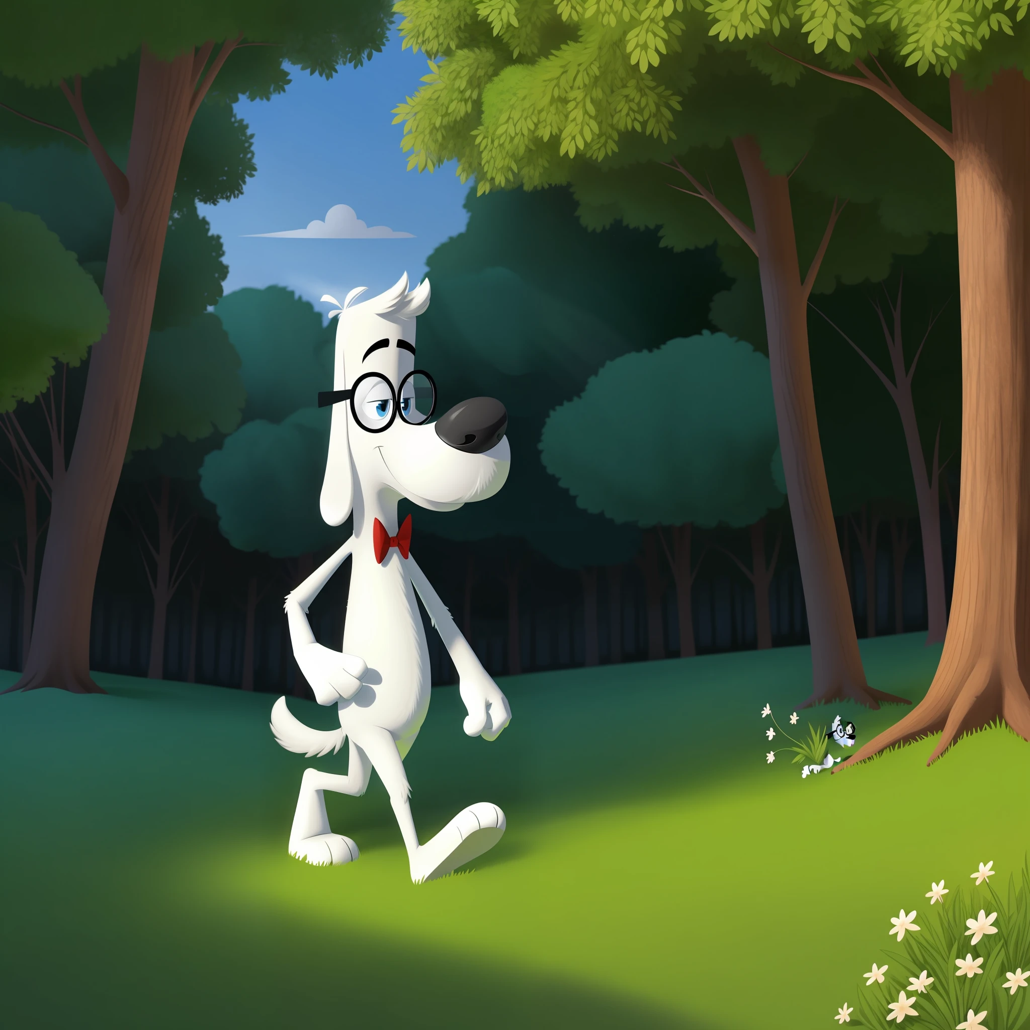 ((masterpiece, best quality)),(complex light),illustration, 1boy, furry, solo, full body, dog, mr peabody, glasses, walking, forest,