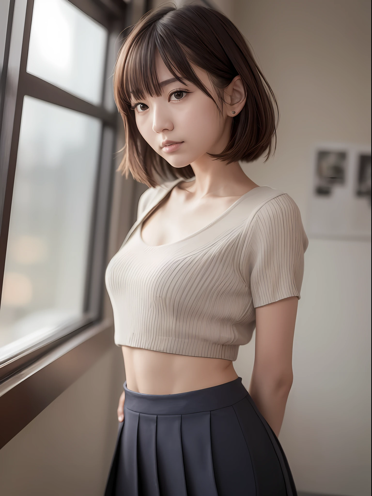 ((Best quality, 8k, Masterpiece: 1.3)), Sharp focus: 1.2, 1 AKB48 girl, beautiful face girl, cute face, age 28, small breasts, flat chest, short messy hair, standing, UNIQLO casual clothes, skirt, office, sunlight, dramatic angle, kindness, cinematic lighting, (8k, masterpiece, best quality, raw photo)