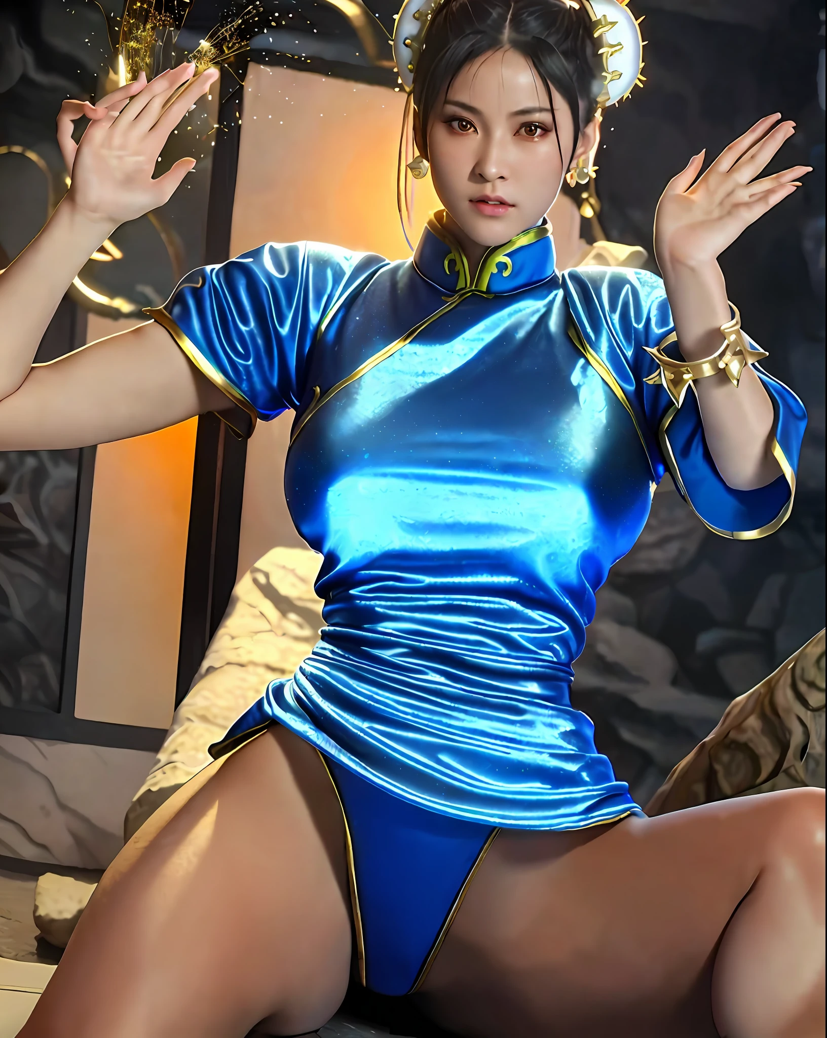 Cinematic poster. 8k, real image, intricate details, ultra-detailed, (photorealistic), (8k, RAW photo, best quality, masterpiece:1.2),(realistic, photorealistic:1.37).
(ChunLi:1.0), 1girl, solo, Chun-li wearing blue clothing, full body, with gold details glued all over the body with sparkle, (camel toes), Hot body, Hot girl, Athletic body, skin with sparkle, highly detailed, realistic. kinematic lighting.
In the background a cinematic ancient Chinese city with stone dragon statues.