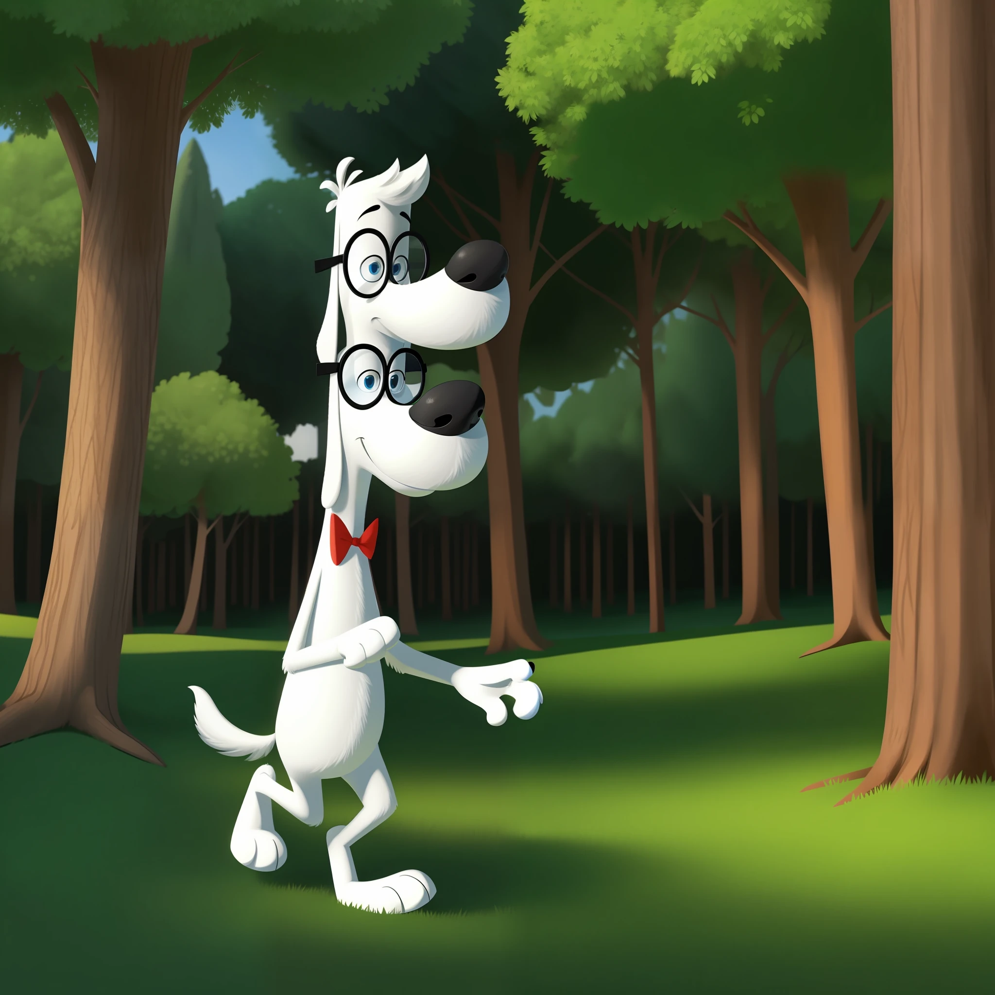 ((masterpiece, best quality)),(complex light),illustration, 1boy, furry, solo, full body, dog, mr peabody, glasses, walking, forest,