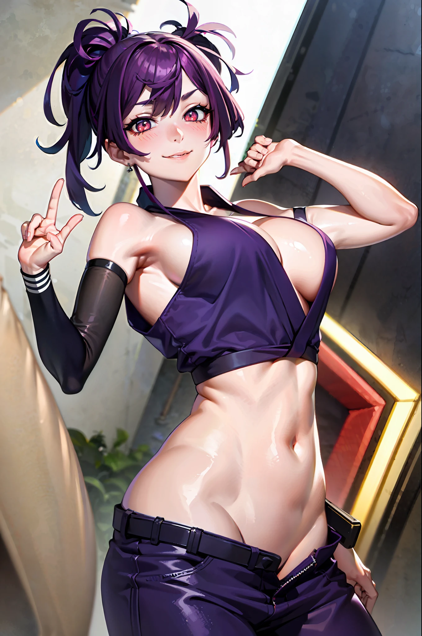 Best quality, masterpiece, (tilt: 1.4),
1 girl, yuzuriha_ (hell music), purple hair, brown eyes, ninja, open clothes, large breasts, top knot, medium hair, breast parting, seductive smile, pants, undressing, (blush:1.1), japanese appearance, temple,