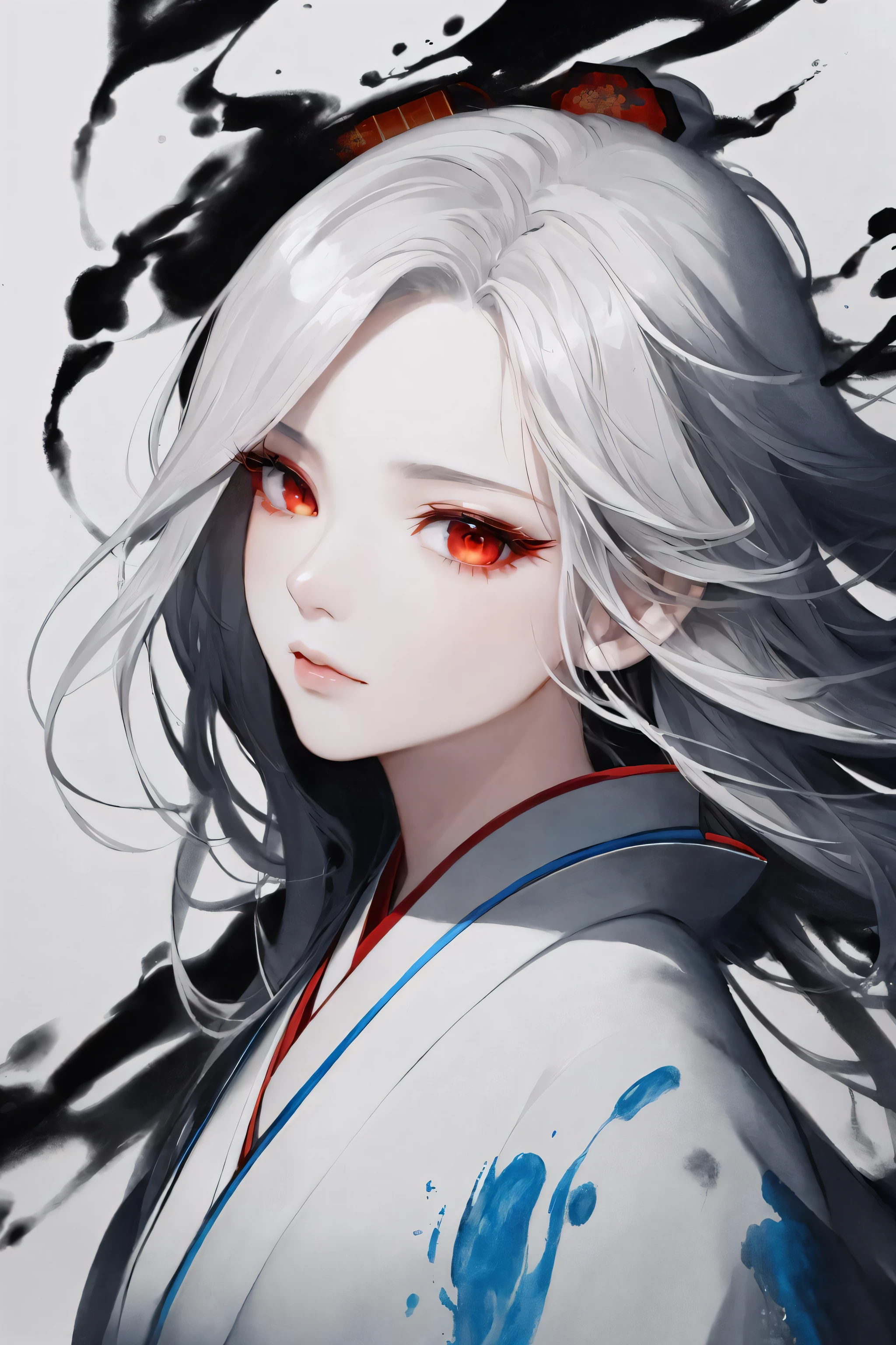 (masterpiece), (best quality),(illustration), looking at viewer,colorful,from side,((chinese colorful ink)),flat color,(phoenix:1.5,bird:1.3),sunset, standing on a building,
(1girl:1.2),detailed long white hair + red eyes,detailed face,full body, (white hair:1.4), (mole under eye:0.7), squinting,eyeshadow, hair ornament, small breasts,((kimono)), cold face,long floating hair,,hair over one eye\\,
(portrait),((ink splashing)),((chinese colorful ink)), ((Chinese color ink painting style))
upper body,(white hair +red eyes),(cute face:0.75),(detailed beautiful face:0.75),colorful painting,
(Floating),(Amazing),(Absurd),((sharp focus)), ((extremely detailed)), ((high saturation)),((surrounded by color ink splashes)),((extremely detailed body)),((colorful))