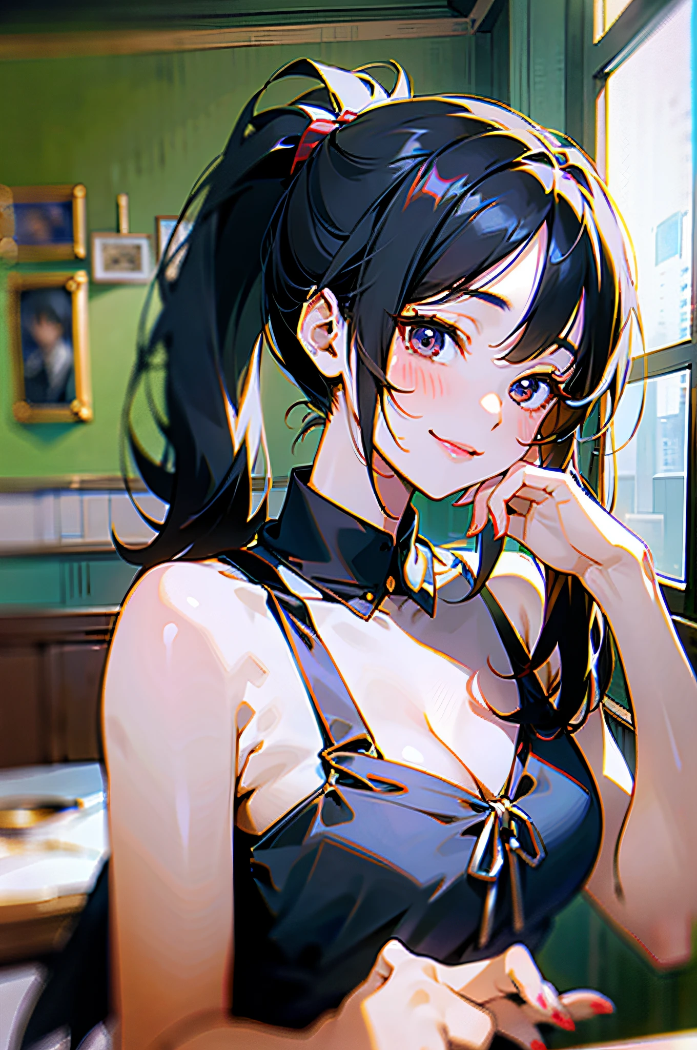 Korean girl, black hair, older sister, tying her hair into a ponytail and smiling to the narrator, high definition picture, masterpiece, (beautiful girl, cafe, seductive, virgin, sexy), (secretary),