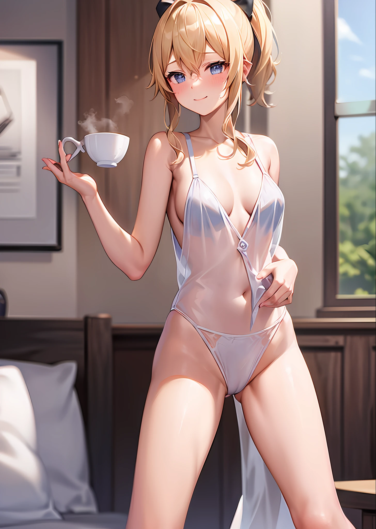 (Naked: 1.4), (See-Through Lingerie: 1.3), (Blushing:1.4),(No Bra, No Panty), Smile, Cowboy Shot, ((A Cup)), Full Body, Underwear