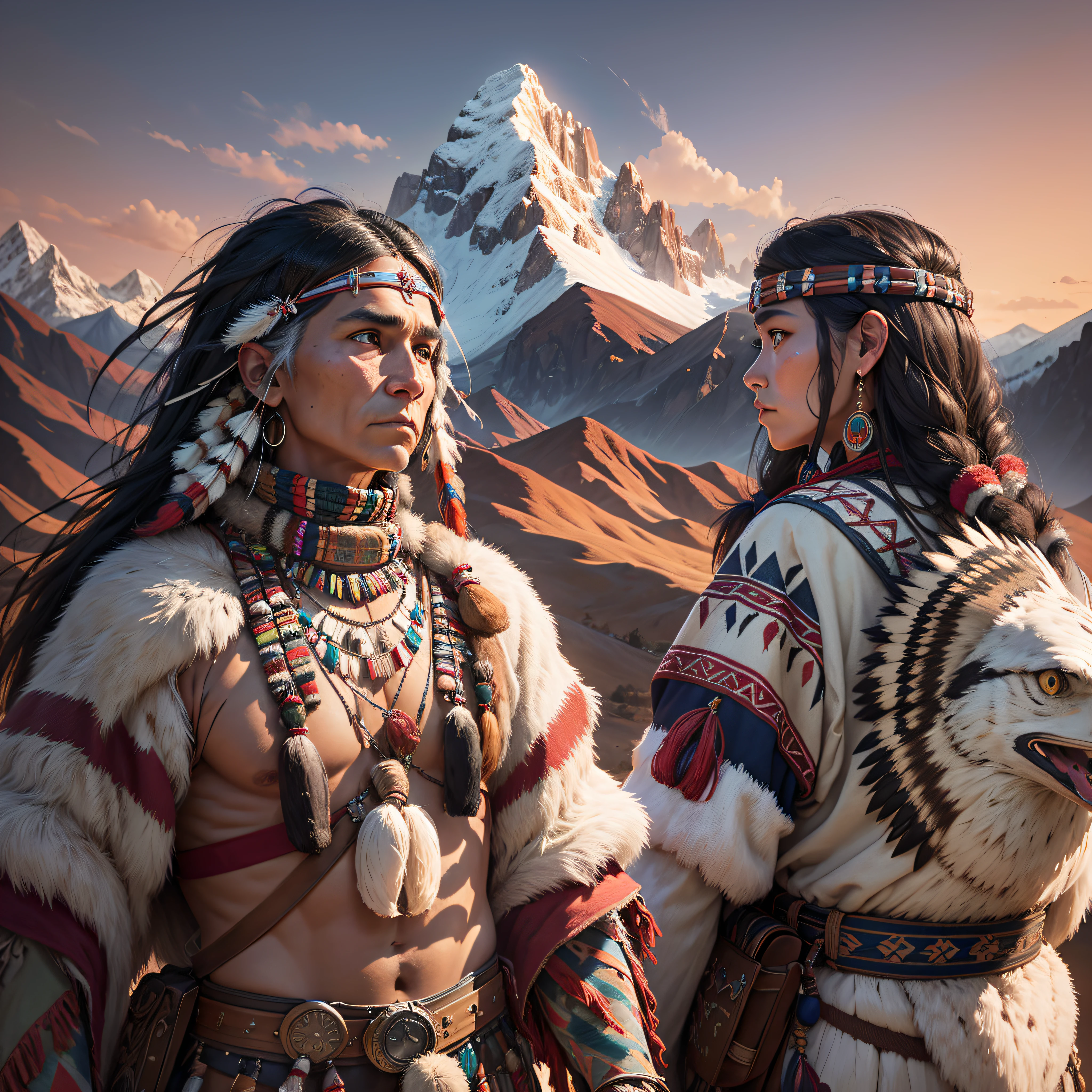 A beautiful portrait of a Native American tribe, fully rendered, twilight, cinematic, high resolution, with a mountain in the background, with two eagles flying overhead --auto --s2