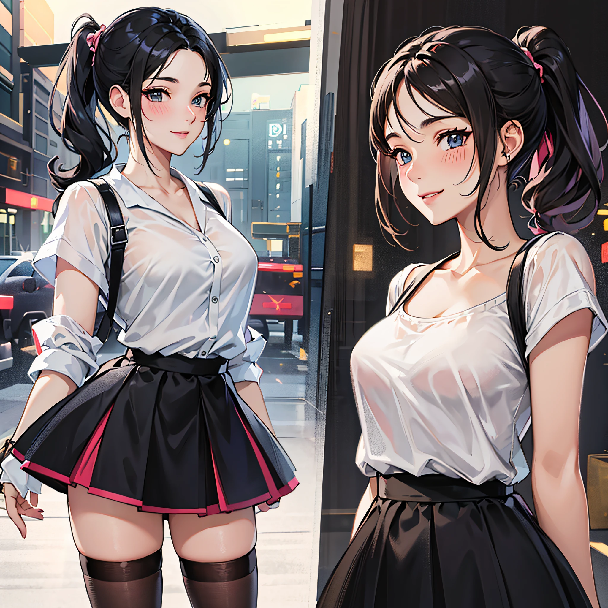 Short ponytail, light blush, seductive smile, girl, anime style, three-dimensional drawing, high quality wearing skirt black hair --auto --s2