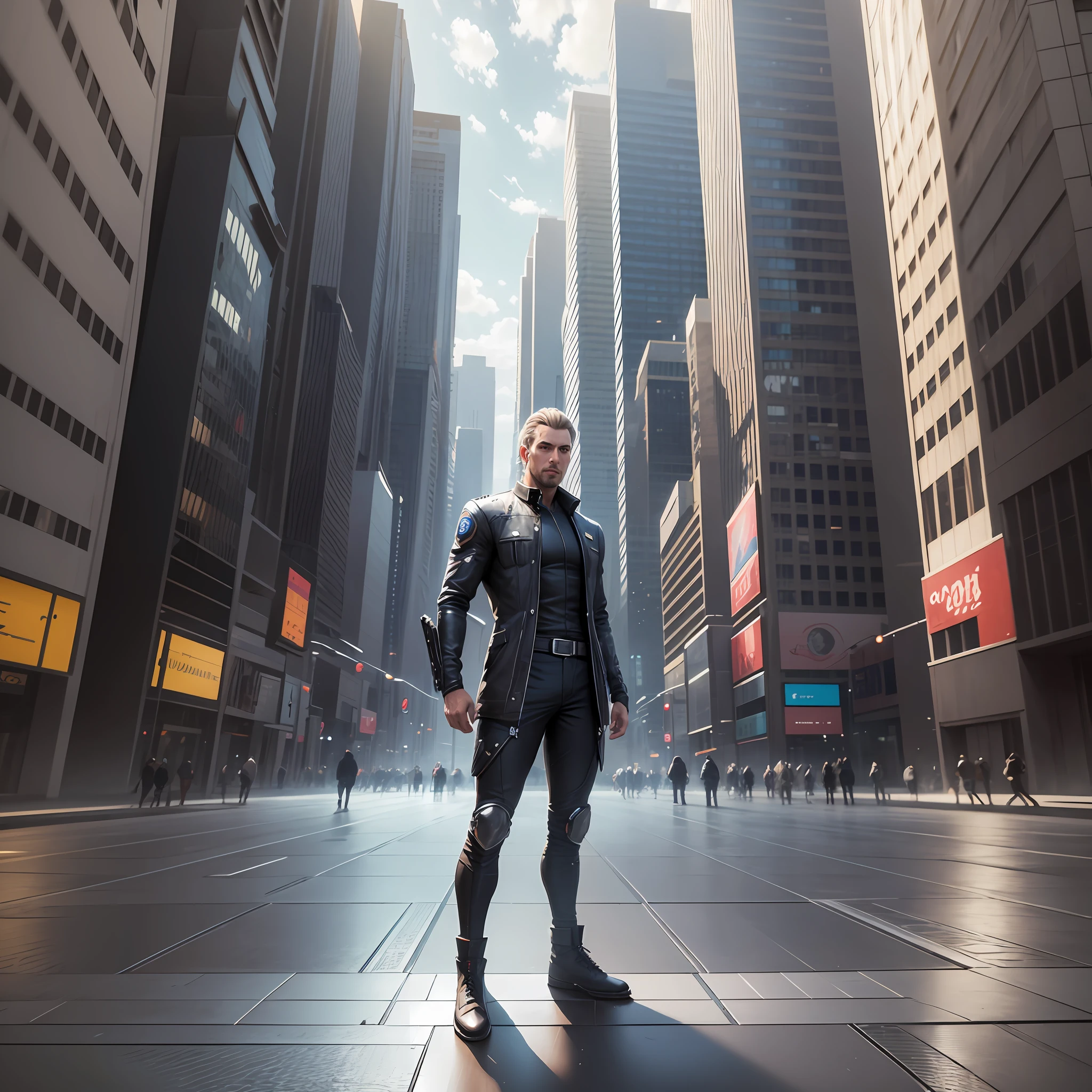 Create a photo of a man in the future in a futuristic square with 3d details. --auto --s2