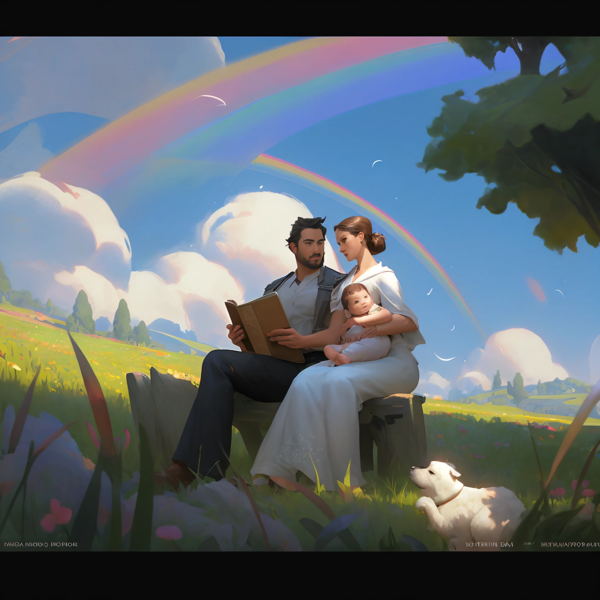 RAW,, Nikon Z 85mm, award-winning glamorous photography, front lighting, There's a man and a woman sitting on a bench in a field, Rhads and Lois van Baarle, Rob Rey and Kentarõ Miura, Emotional Concept Art, Greg Rutkowski and Krenzcushart, Lois van Baarle and Bouguereau, Rob Rey and Kentarõ Miura Style, Concept Art | RHADS, a father and a mother, ((highly detailed skin, skin details)), sharp focus, with your baby on your father's shoulder contemplate a huge lawn where books of various sizes and eras float in the style of surrealist elements, dream-style images, hologram romanticized visions, sunbeam, realistic, cinecolor, 3d character, standing in a field of wildflowers, ((night sky with stars in the background)), ((highly detailed skin, skin details)), sharp focus, volumetric mist, 8k uhd, DSLR, high quality, film grain, 4k, art station, artgerm. High resolution highly intricate and detailed facial, detailed facial features, high detail, sharp focus, smooth, aesthetic, extremely detailed, post-processing, maximum detail, roughness, real life, photography, 8k uhd, photography