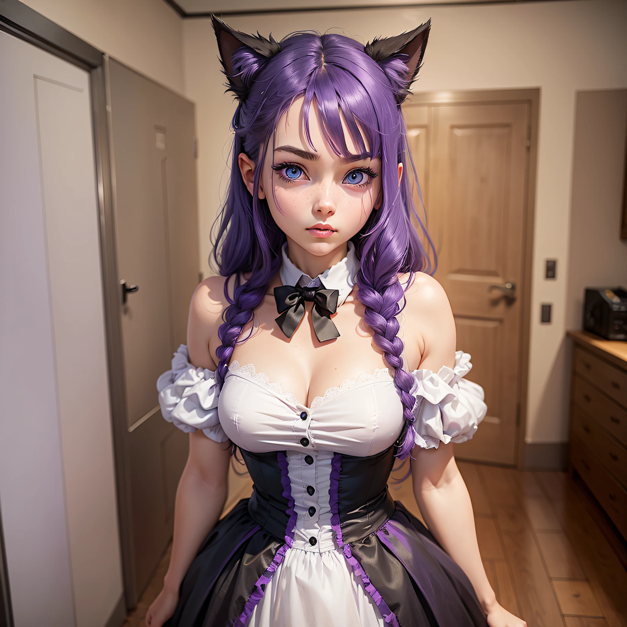 one girl, pretty, purple hair, blue eyes, black maid suit, full-length, in the bedroom, white walls, (standing), two arms, two legs, cat ears, (embarrassment), in the center of the screen, reddened cheeks, 5 fingers, anime style, real face, 2 arms, 2 legs