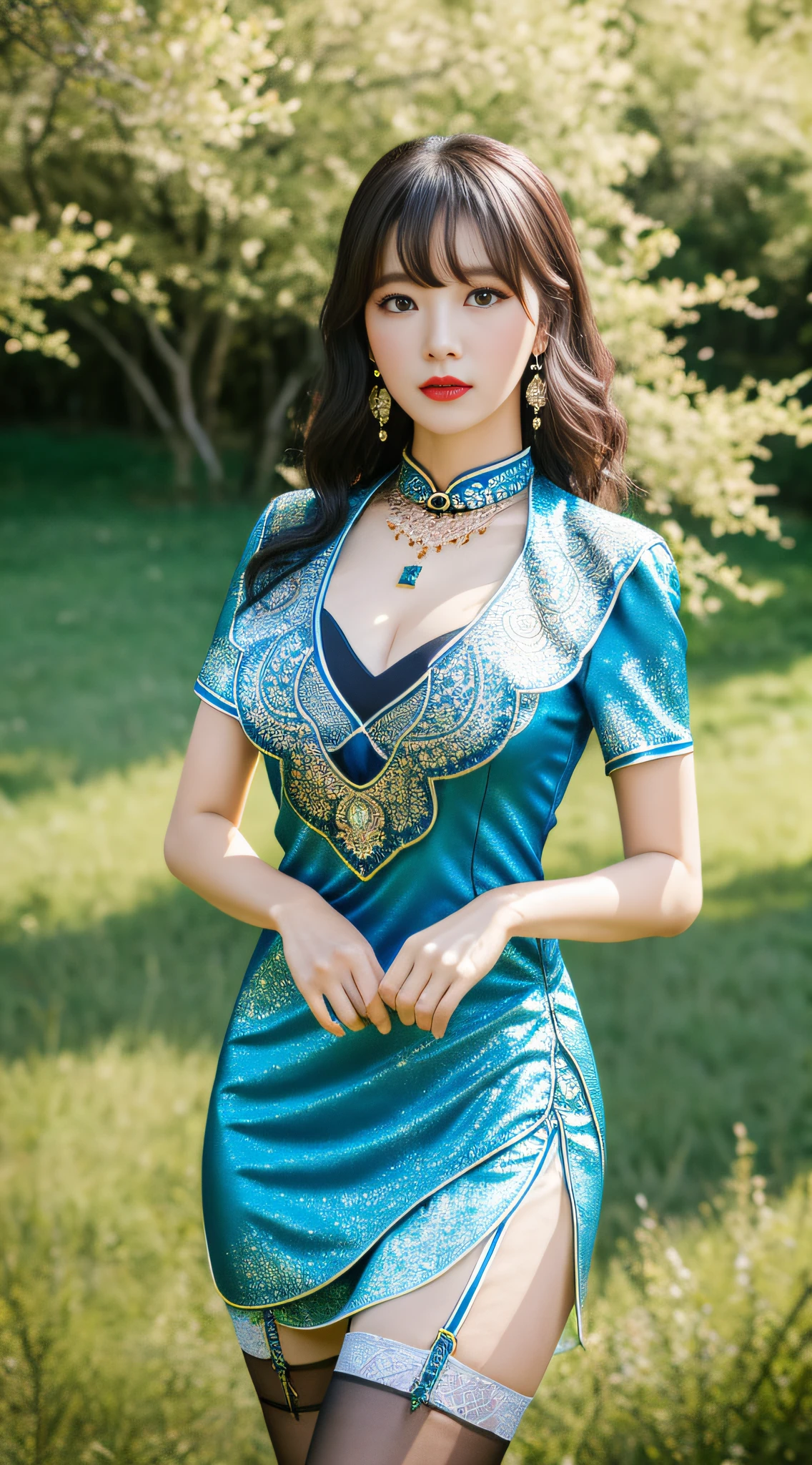 Highest quality, masterpiece, correct proportions, asian girl, black shawl hair, curly hair, bangs, ((big chest)), big hips, jewelry, earrings, necklace, bracelet, jewelry, light porcelain dress, light short sleeve cheongsam, stockings, feminine, quartered body, background on the prairie, medium view, wide angle, pastel color, spring, breeze, photo, highest resolution, 8K