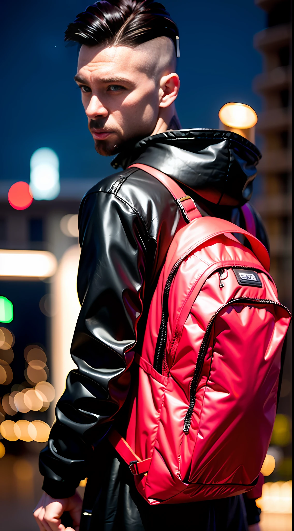 (8k, RAW photo, best quality, masterpiece:1.2), (realistic, photo-realistic:1.37),1man, short hair,wearing free_styles_hightech_jacket black, backpack,cityscape, night, wet, professional lighting, photon mapping, radiosity,torn , tattooed, free_styles_hoodie_jacket,black,neon red,