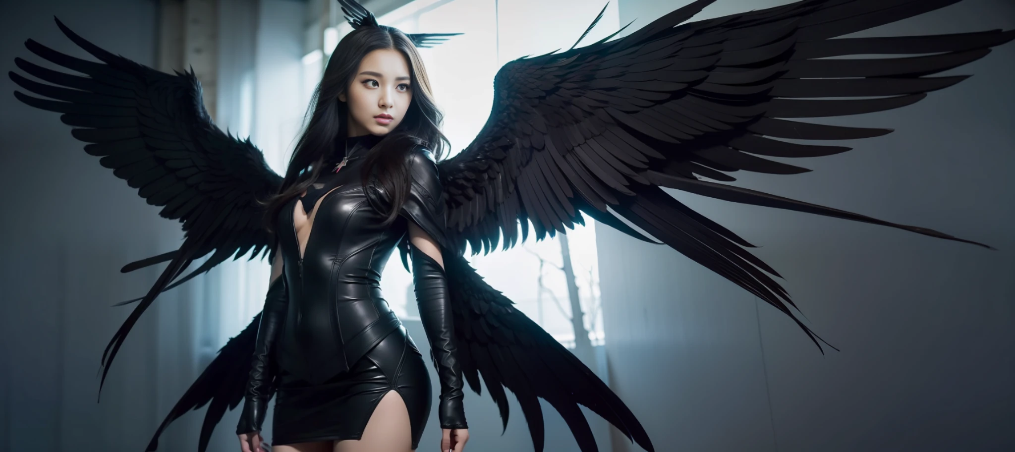 best image quality, SLR, facing the front, looking at the viewer, symmetrical, one woman (high school student), large black wings, wings spreading from side to side, Japan person, big, ideal body shape,