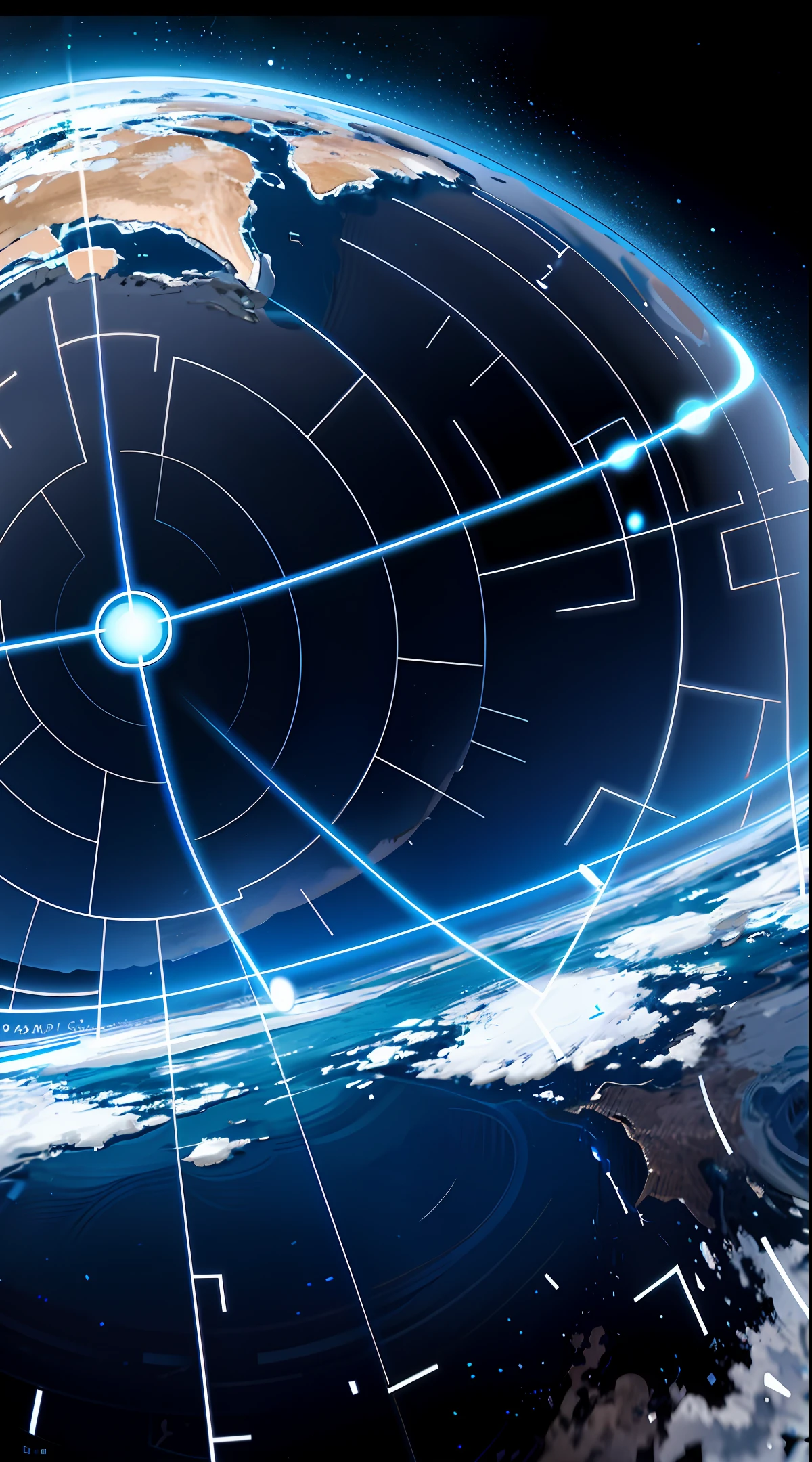 Earth drawn in blue lines as outline without filling only half of the earth and the other half coming out digital circuits in the form of blue tbm lines white background