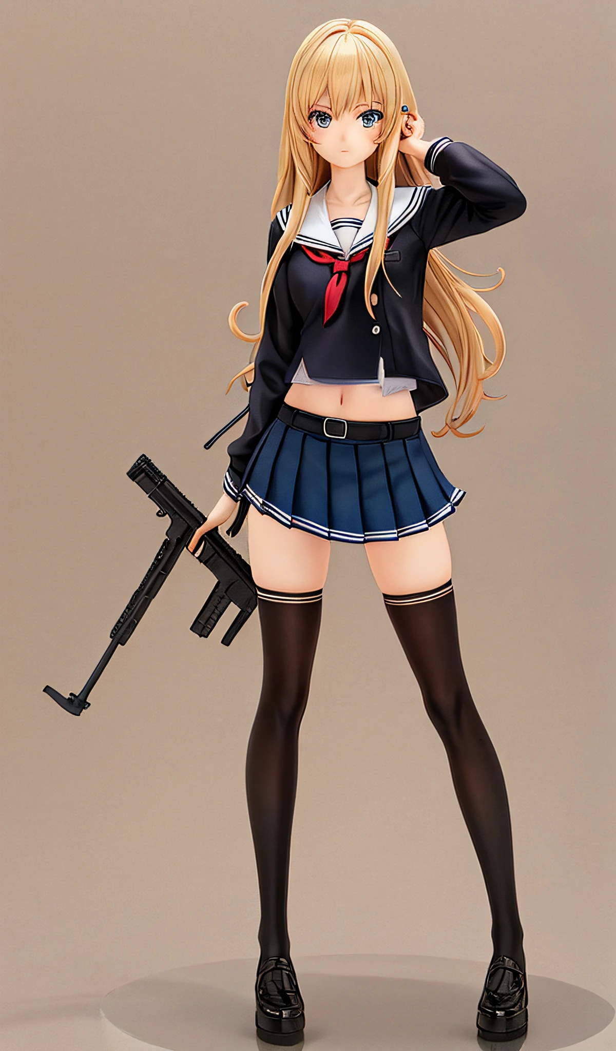 handmade style,best quality, Solid background, 1girl, solo, thighhighs, blonde hair, dual wielding, school uniform, skirt, midriff, zettai ryouiki, serafuku, black thighhighs, navel,crop top, long hair, belt, high heels, full body, shoes, drill hair, pleated skirt, crossed legs,