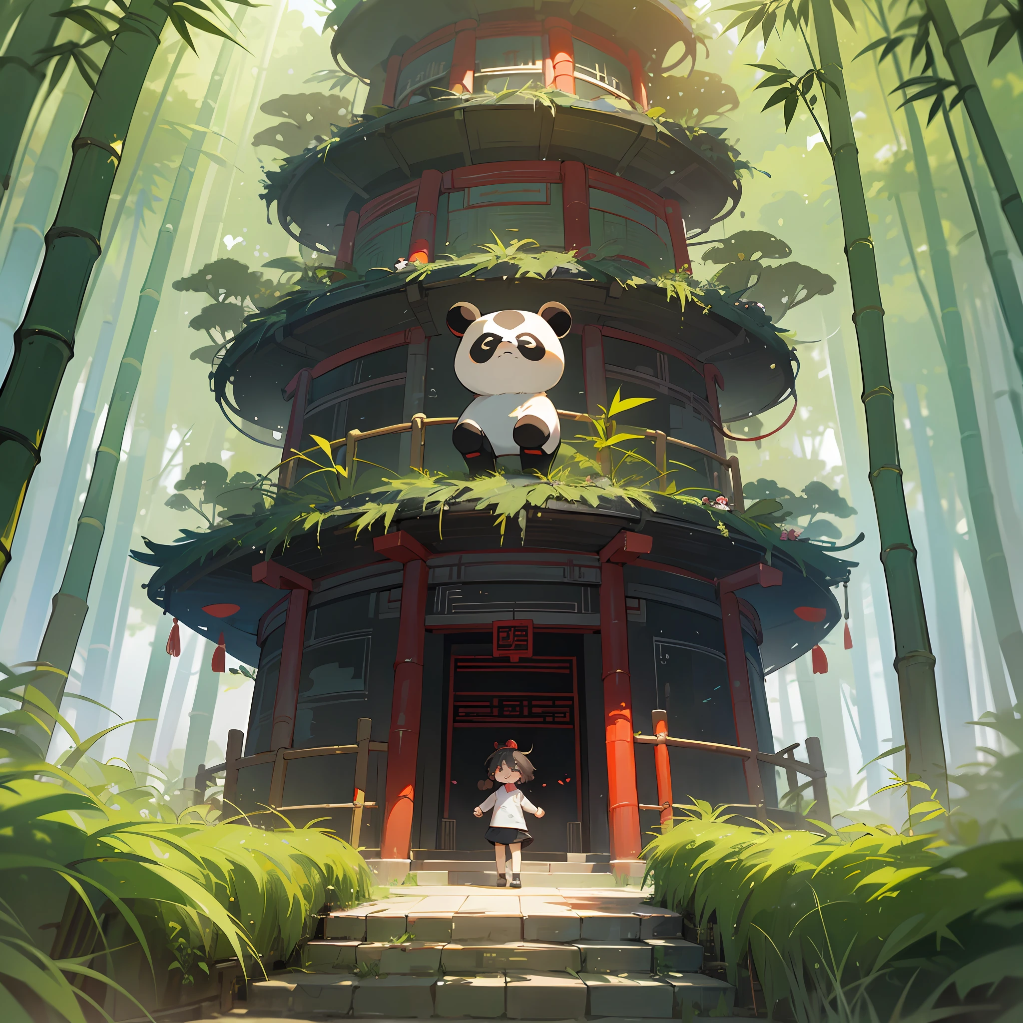 Ni Chuanjing, Panda, Chinese Style, Chinese Red, Bamboo Forest, Girl, Masterpiece, Highest Quality --auto --s2