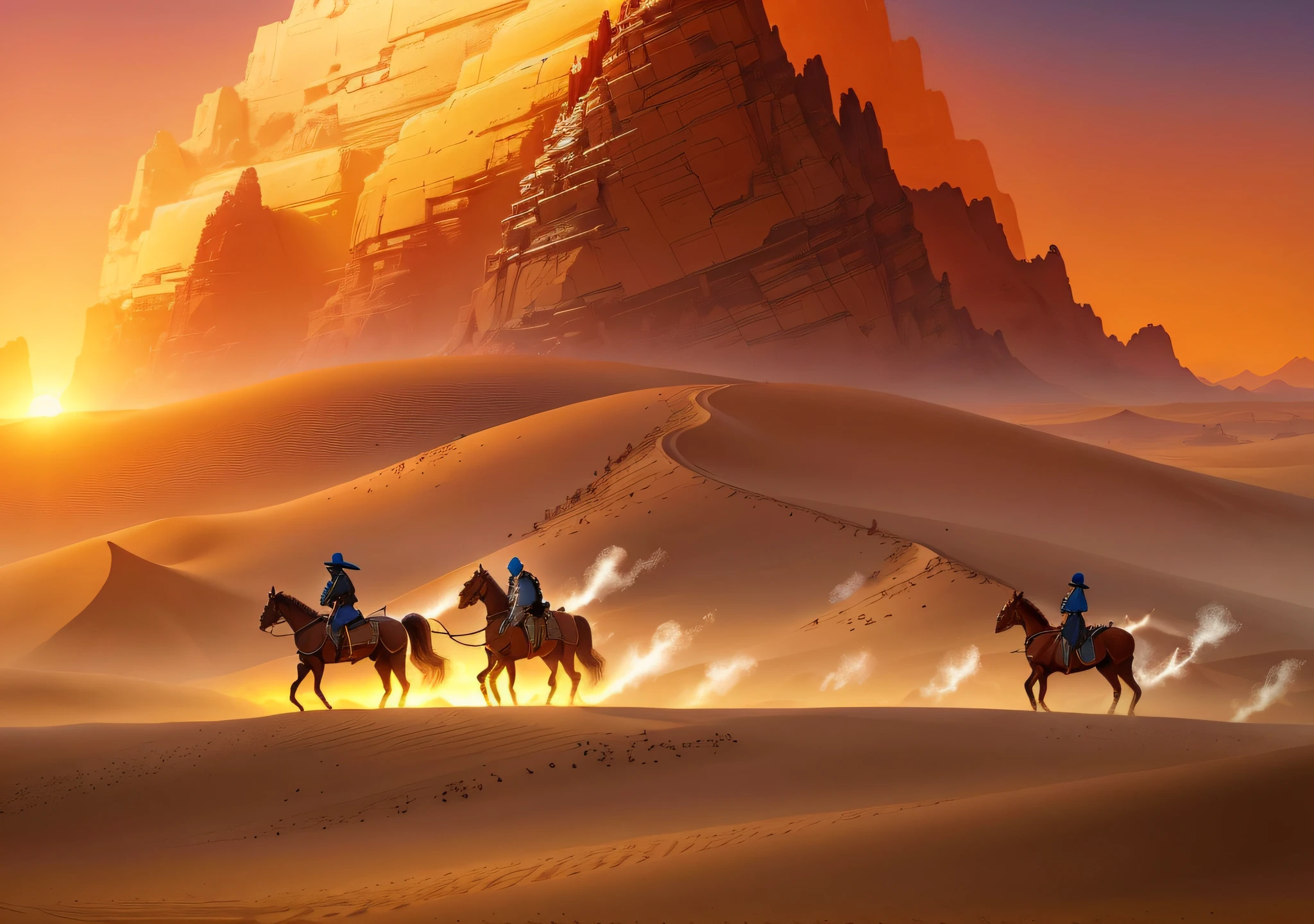 Three people riding horses in the desert at sunset, the movie Silk Road Blue View, Yang J, Sand Desert Fantasy, Huang Shen, Wang E, beautiful artwork illustration, Li Song, inspired by Raphael Lacoste, Raphael Lacoste, beautiful rendering of the Tang Dynasty, 4K HD wallpaper illustration, by Victor Wang, Dune, by Fan Qi