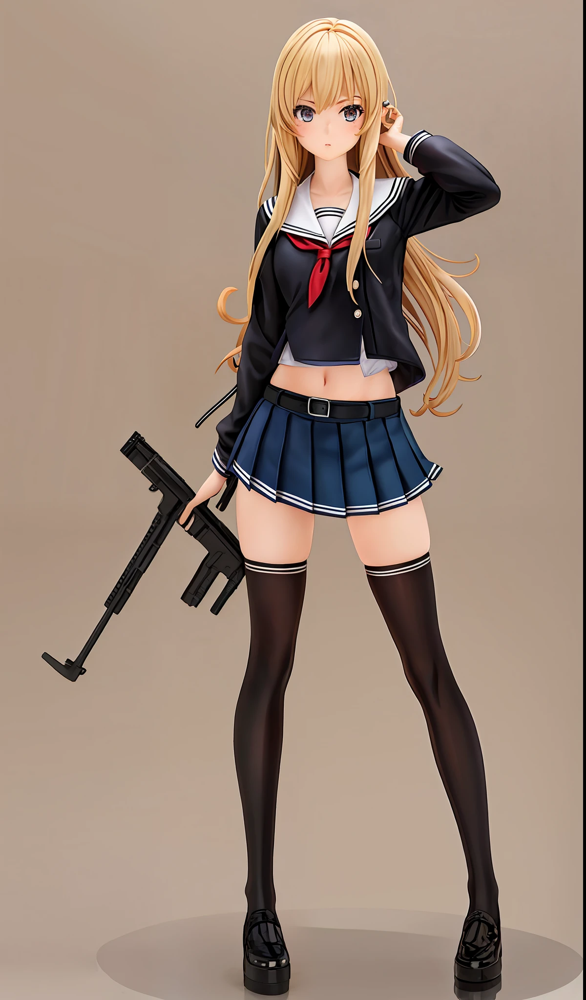 handmade style,best quality, Solid background, 1girl, solo, thighhighs, blonde hair, dual wielding, school uniform, skirt, midriff, zettai ryouiki, serafuku, black thighhighs, navel,crop top, long hair, belt, high heels, full body, shoes, drill hair, pleated skirt, crossed legs,