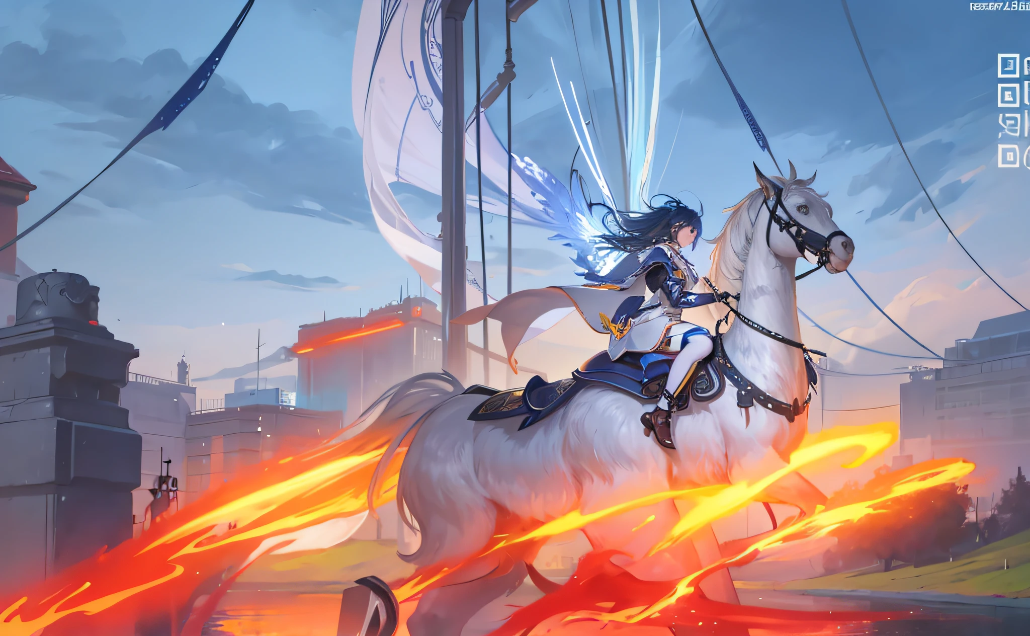 A girl, with blue tech wings behind her, riding a cybermechanical horse with flames under her feet, (masterpiece, top quality, best quality, official art, beauty and aesthetics: 1.2), (1girl: 1.3), very detailed, (fractal art: 1.2), colorful, most detailed, (zentangle: 1.2), (dynamic pose) , (abstract background: 1.5), (traditional clothing: 1.2), (shiny skin), (multiple colors: 1.4), Upper
