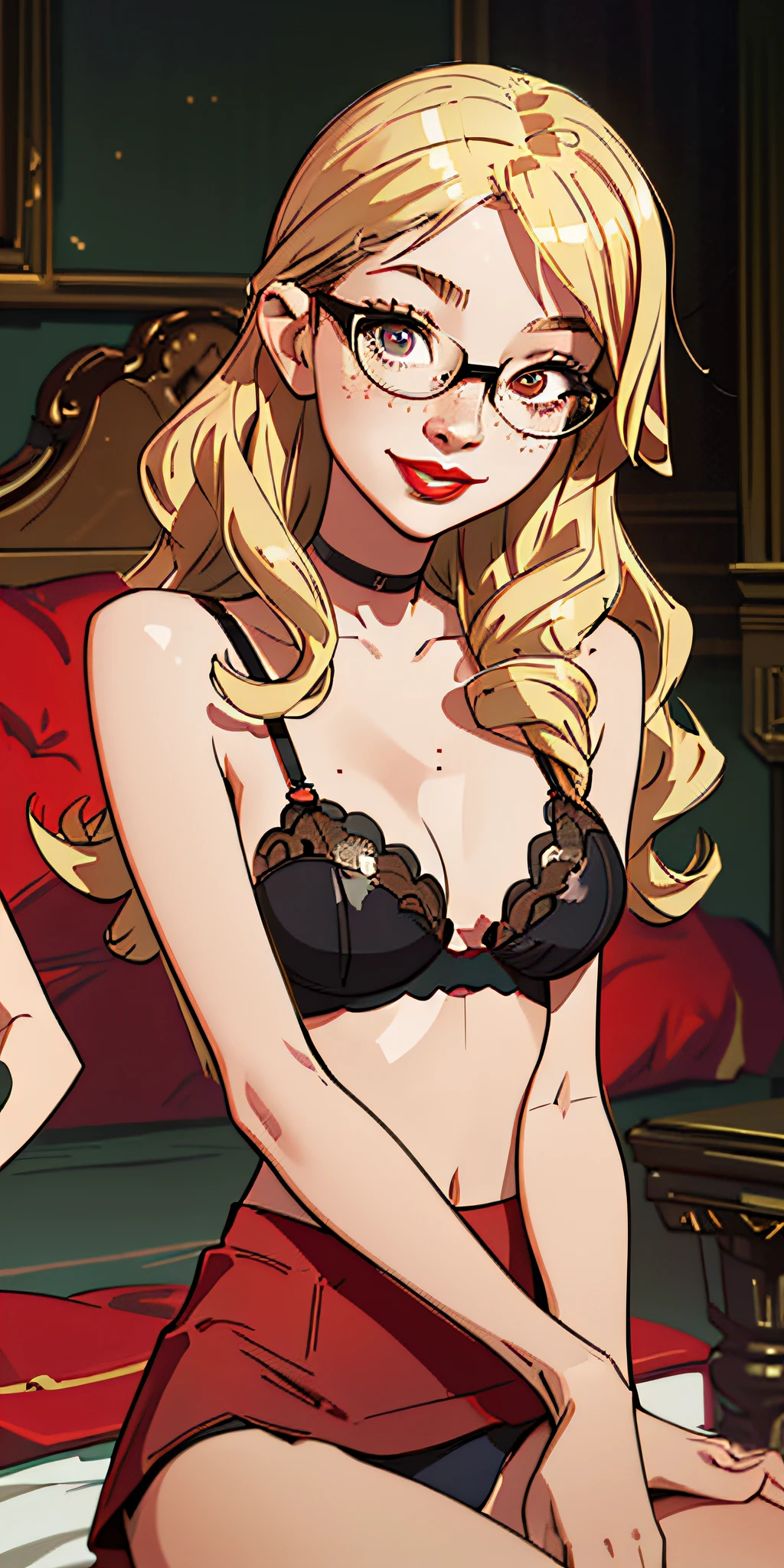 (best quality, masterpiece), 1girl, very sexy, upper body, red lipstick, happy, gothic bedroom, smiling, sitting on bed, seductive, black bra and panties, glasses, blonde, freckles, looking at viewer, curly hair, long hair