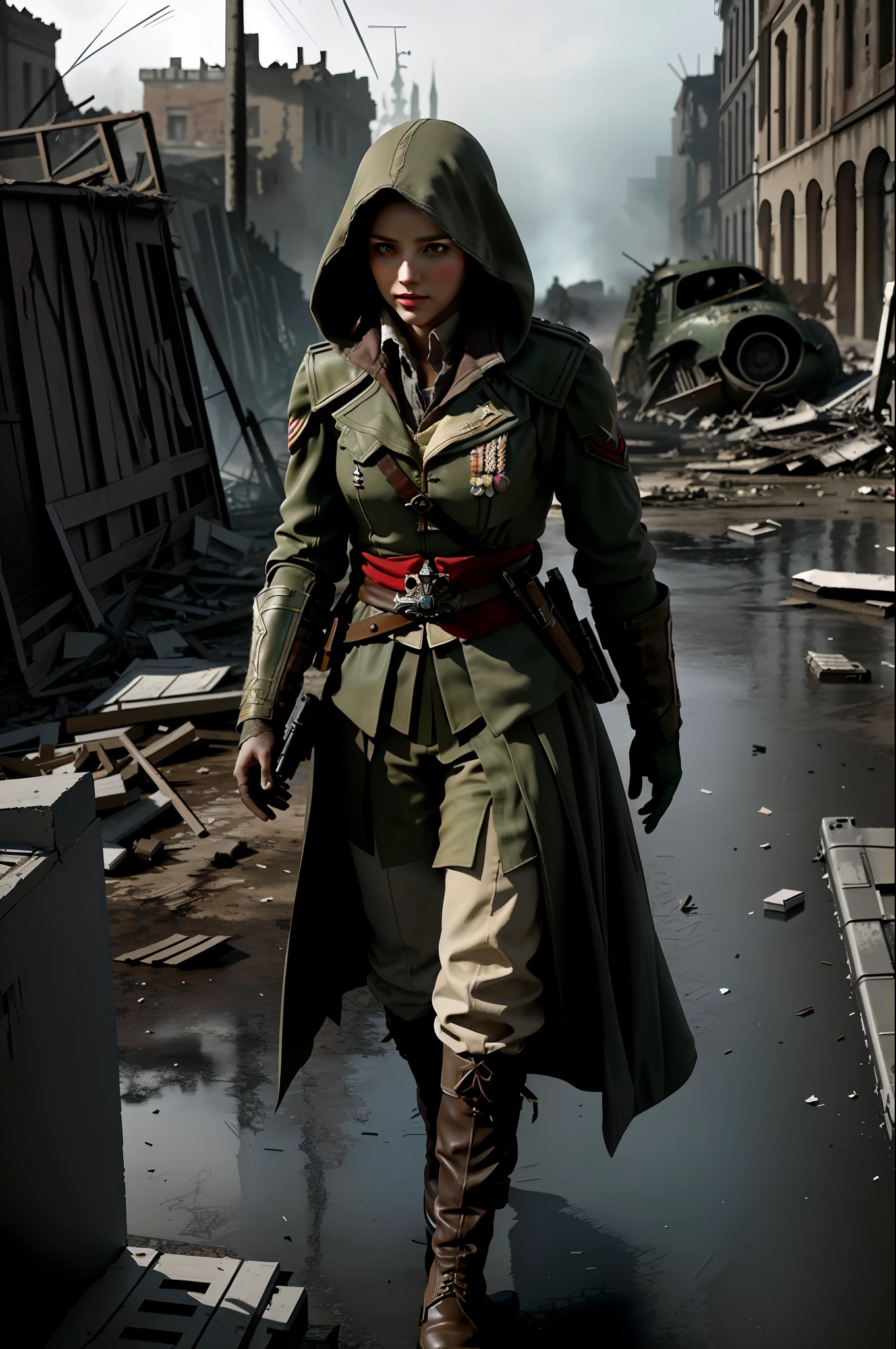 Create a compelling Assassin’s Creed Concept Art piece inspired by the WW2 Allies era, crafted in the style of ultra-realistic visuals with meticulous attention to detail. Portray a young and captivating European girl adorned in a worn Allies military uniform, her face obscured by a hood. Set the scene amidst the haunting aftermath of a battlefield, showcasing the devastation and destruction left in the wake of war. Emphasize the realism and intricacy of the environment, capturing the gritty textures, shattered structures, and somber atmosphere in stunning 8K resolution.