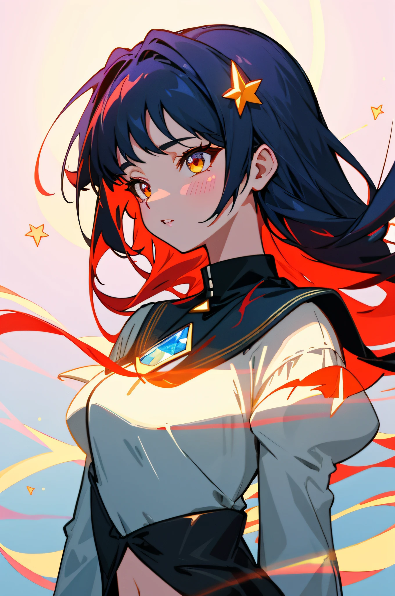 Perfect masterpiece, best image quality, perfect image quality, 8K, upper body lens, (front portrait: 1.5), delicate face, face close-up, woman (phoenix: 1.2), strange bright transparent eyes, magic transparent eyes, lower breasts, navel, star eyes, long red hair, holographic phantom phoenix background, digital art, flat illustration, color illustration, minimalist style,