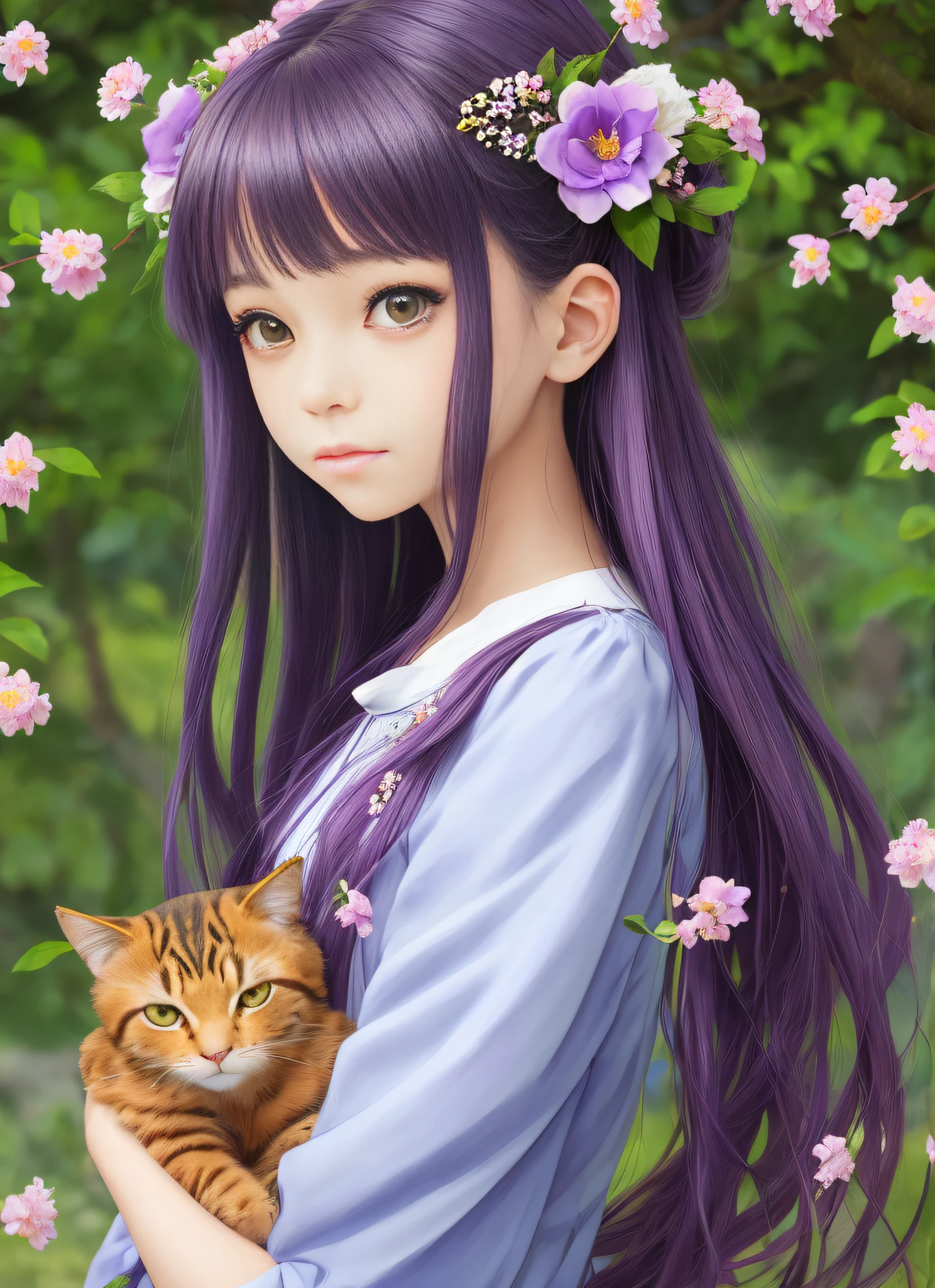 Close up of a girl with cat and flowers in her hair, beautiful anime girl, beautiful anime portrait, cute anime girl, beautiful anime girl, young anime girl, realistic young anime girl, cute anime girl portrait, cute nature anime face, cute anime girl portrait, long hair anime girl, realistic cute girl painting, beautiful anime face, guvez, blue-purple clothes