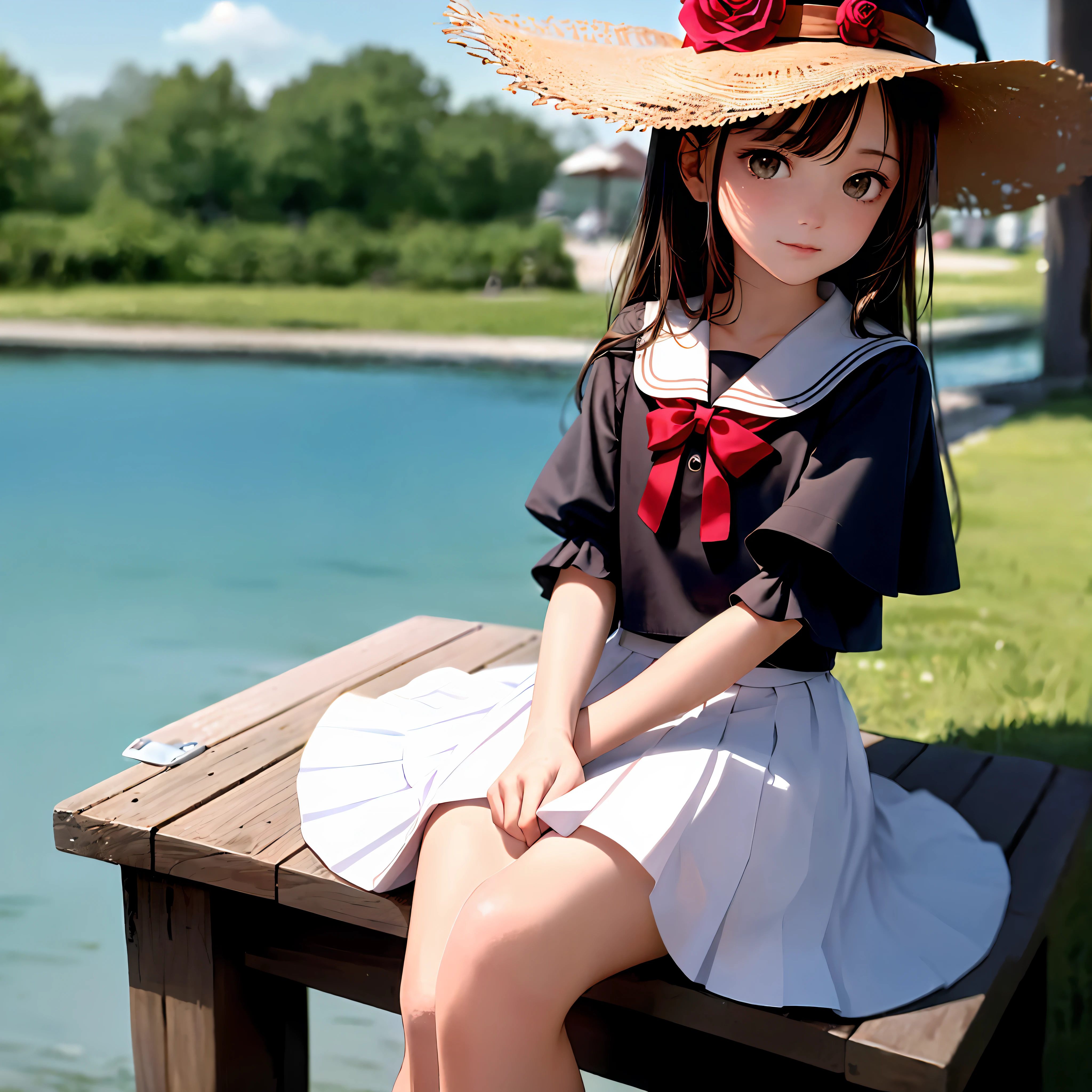 Masterpiece, Best Quality, Ultra Detailed, Illustration, Colorful, Falt Color, Depth of Field, Lens Glow, 1girl, Anime, Seated, Brown Hair, Brown Eyes, Looking at the Audience, Night, Garden, Rose, Sky Blue Hat, Witch Hat, White Short Sleeves, Sky Blue Skirt, Pleated Miniskirt, Serafuku, Detailed Skin Texture, Fine Cloth Texture, Beautiful and Meticulous Face,