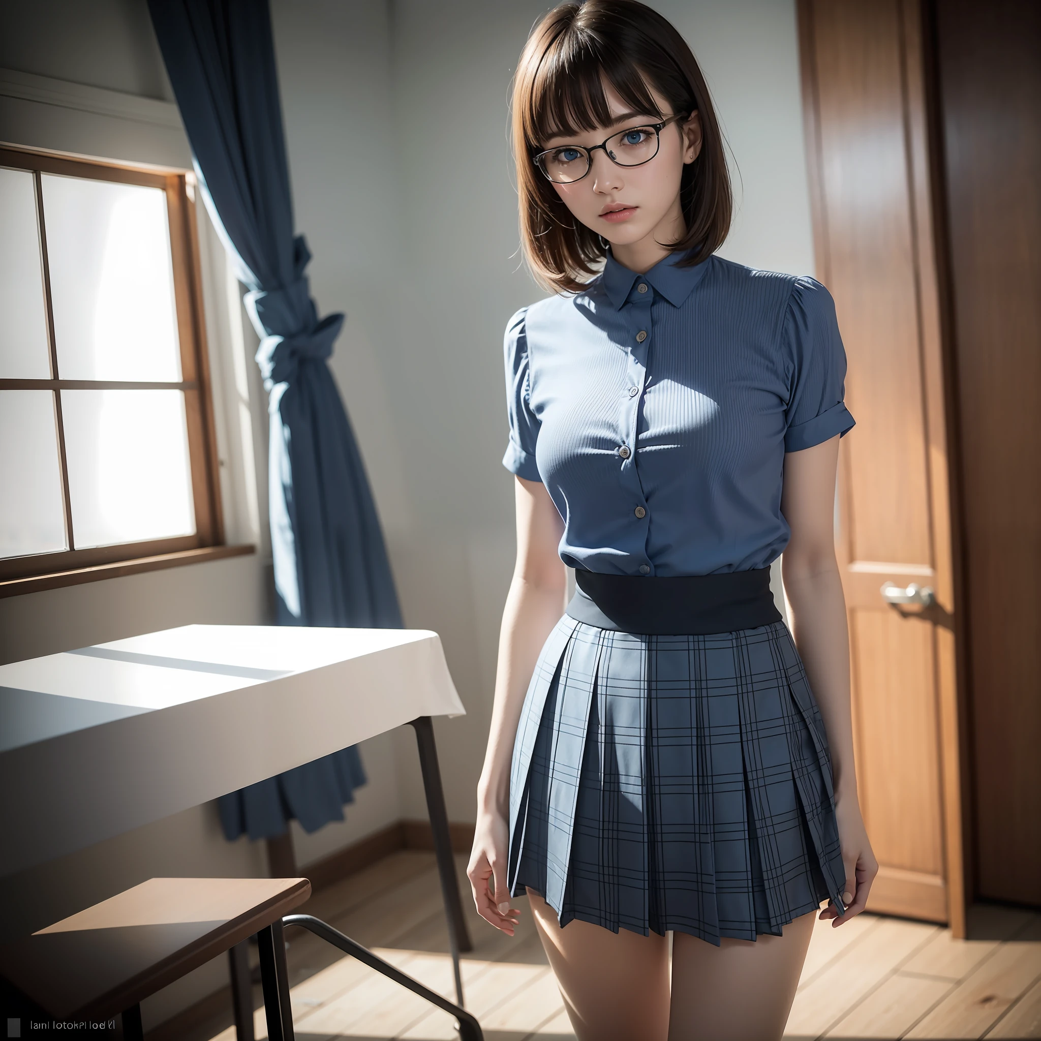 Alone, Solo,(8K, RAW photo, best quality, masterpiece: 1.2),Office lady,,Erotic,Short hair,Glasses,Russian woman,Standing,Tight eyes,Thin,Crunchy,Angry,Small,Flat breasts (Realistic, Photorealistic:1.37), Best Quality, Ultra High Resolution, Photon Mapping, Radiosity, Physically Based Rendering, Blurred, Foreground, depth of field, blurry background, photo_\(medium), motion blur, girl, (full) body), long legs, slender legs, medium hair, bangs, (bangs visible), hair_ornament, lips, blue_eyes, nosesoft, china, light blue shirt, navy blue and blue and white plaid pleated skirt, sheer clothing, black loafers, thigh, black cotton socks,