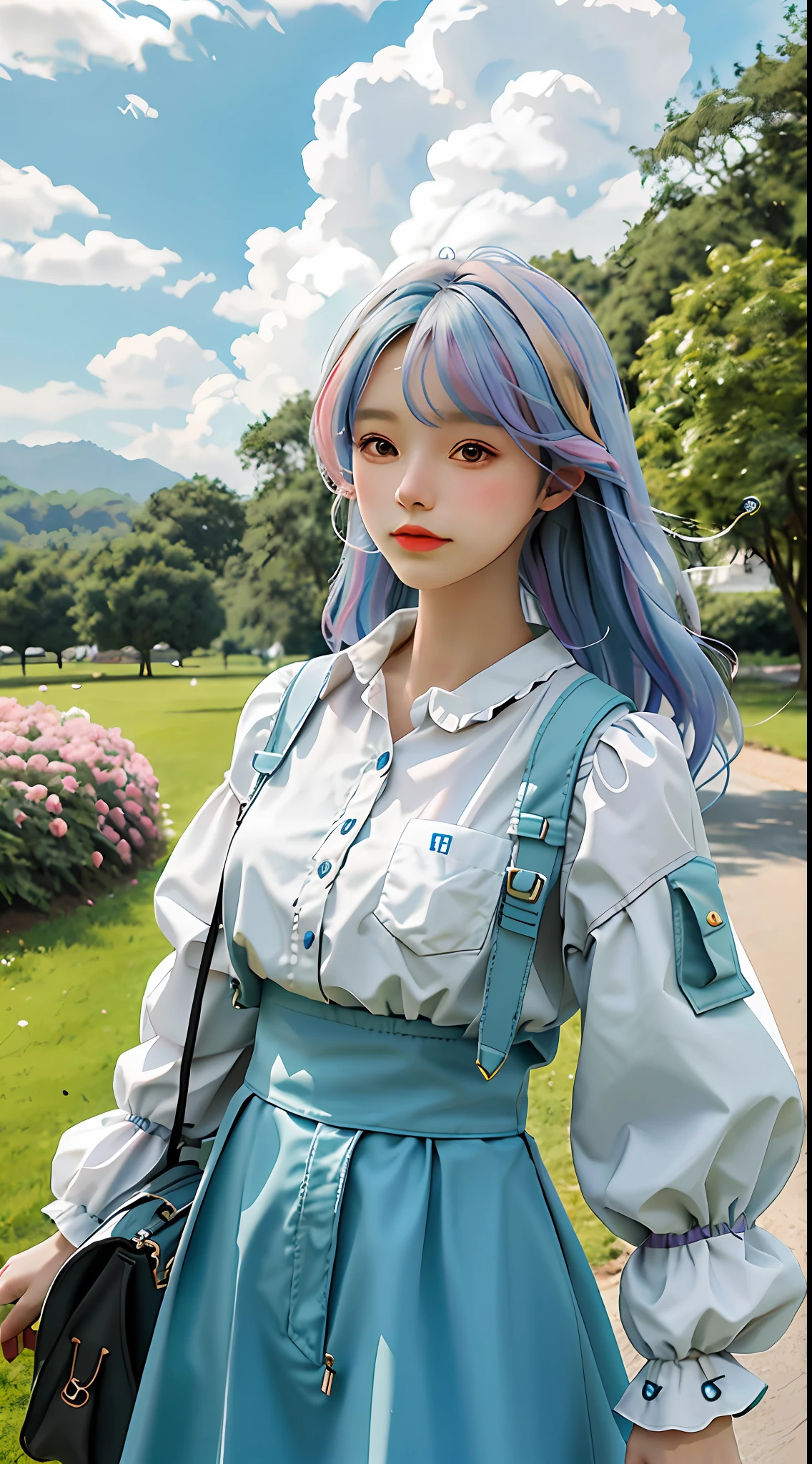 masterpiece, best quality, spring outfit, colorful hair,  outdoor,cloud ,upper body,