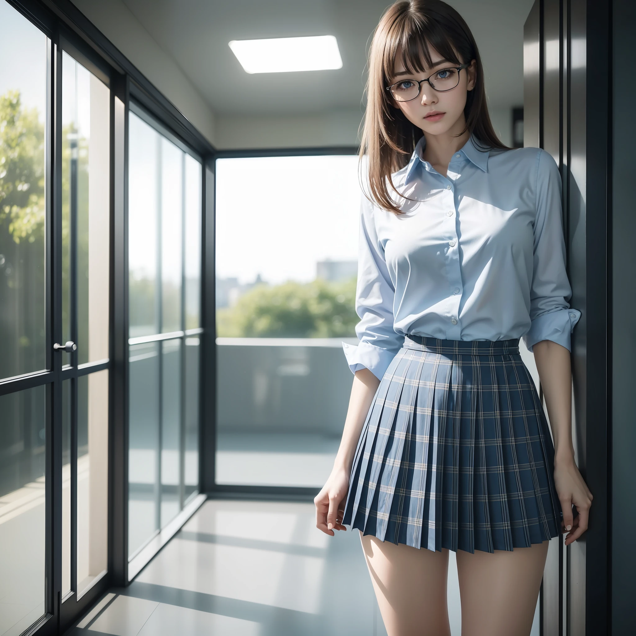 Alone, Solo,(8K, RAW photo, best quality, masterpiece: 1.2),Office lady,,Erotic,Short hair,Glasses,Russian woman,Standing,Tight eyes,Thin,Crunchy,Angry,Small,Flat breasts (Realistic, Photorealistic:1.37), Best Quality, Ultra High Resolution, Photon Mapping, Radiosity, Physically Based Rendering, Blurred, Foreground, depth of field, blurry background, photo_\(medium), motion blur, girl, (full) body), long legs, slender legs, medium hair, bangs, (bangs visible), hair_ornament, lips, blue_eyes, nosesoft, china, light blue shirt, navy blue and blue and white plaid pleated skirt, sheer clothing, black loafers, thigh, black cotton socks,