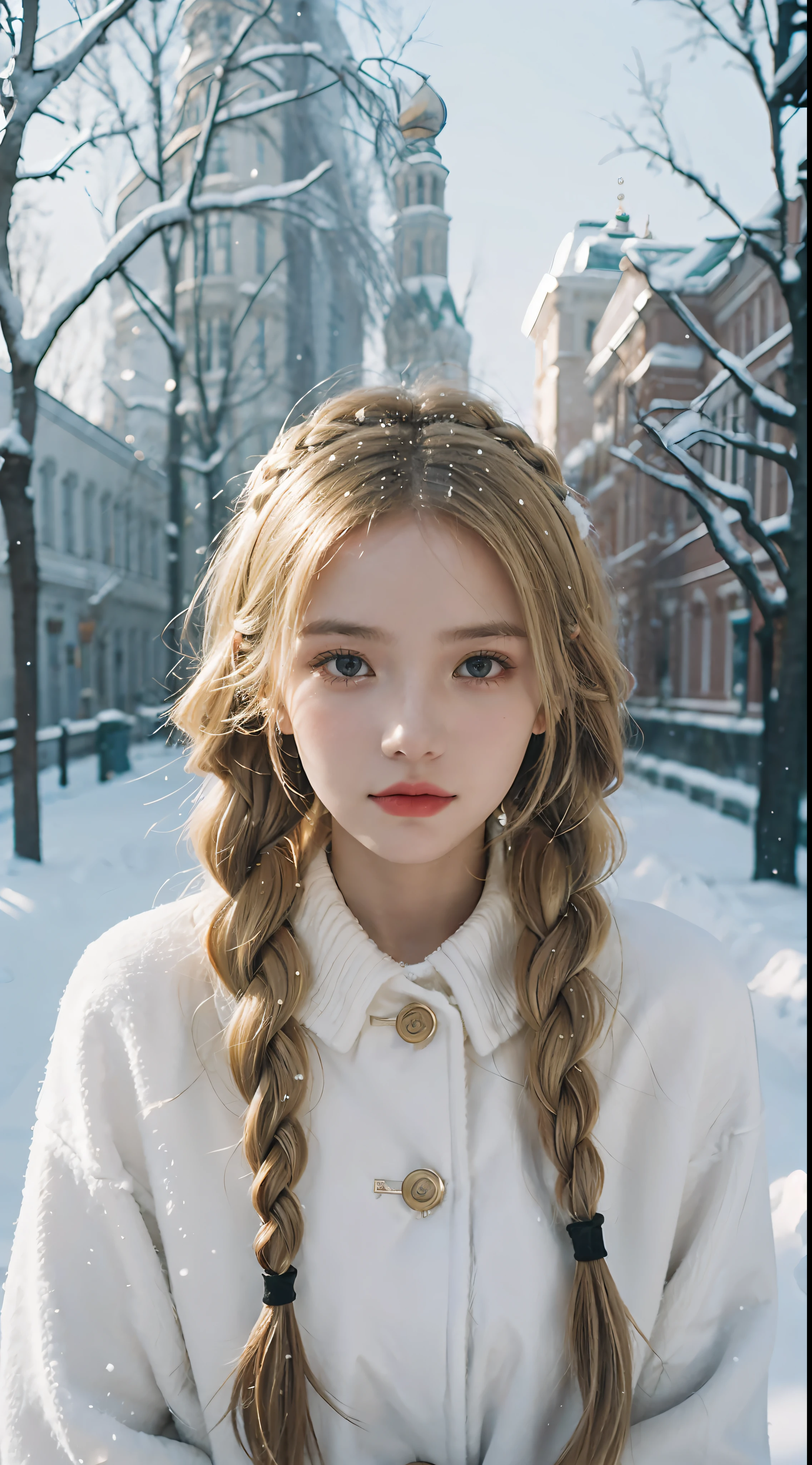 Poetic shots, hazy light and shadow, aestheticism, melancholic film, 1 girl, blonde hair, braids, emotional depth, facing the camera, snow, winter, Moscow