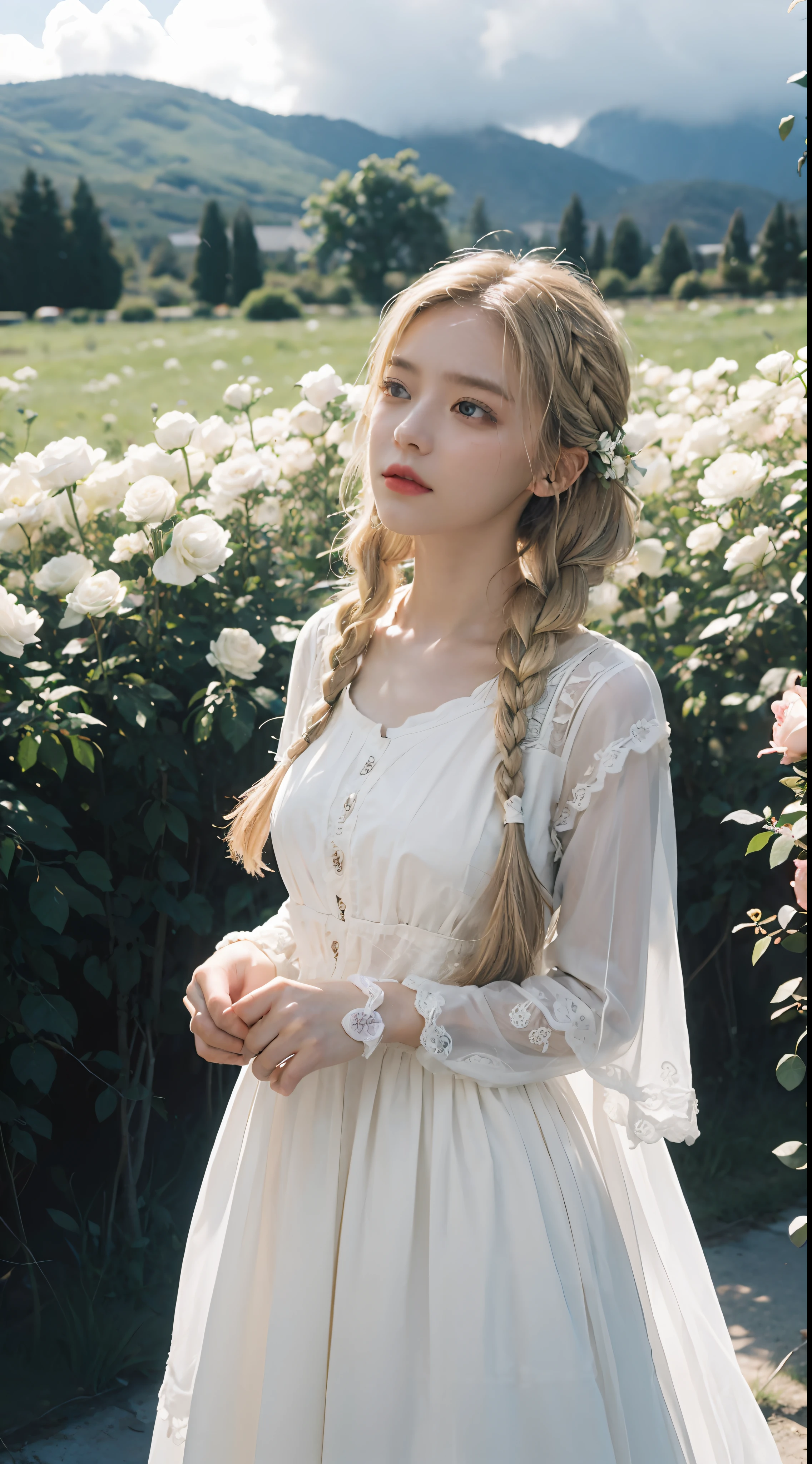 Poetic shots, hazy light and shadow, aestheticism, melancholic film, (cloudy), 1 girl, blonde hair, braids, emotional depth, white dress, flowers, flower fields, roses, bloom,