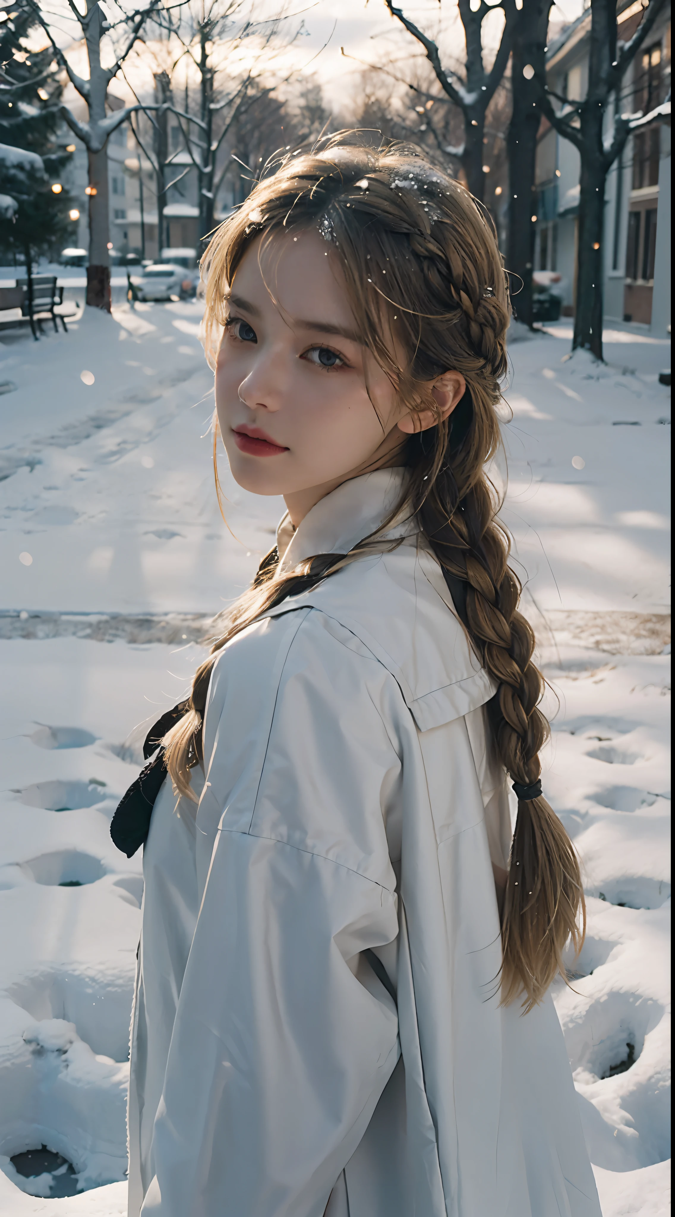 Poetic shots, hazy light and shadow, aestheticism, melancholic films, 1 girl, blonde hair, braids, emotional depth, back to camera, looking back, snow, winter,