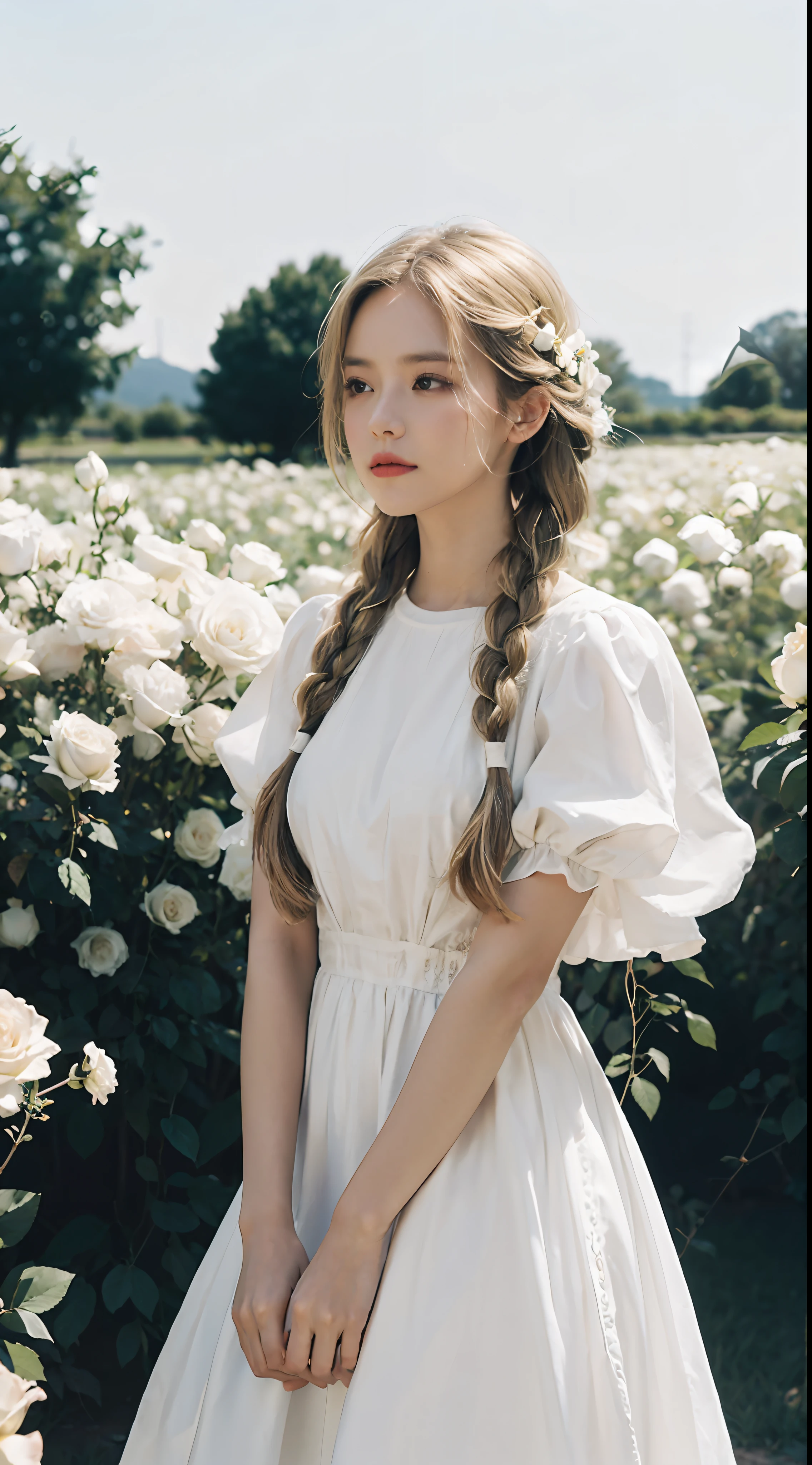 Poetic shots, hazy light and shadow, aestheticism, melancholic film, 1 girl, blonde hair, braids, emotional depth, white dress, flowers, flower fields, roses, bloom,