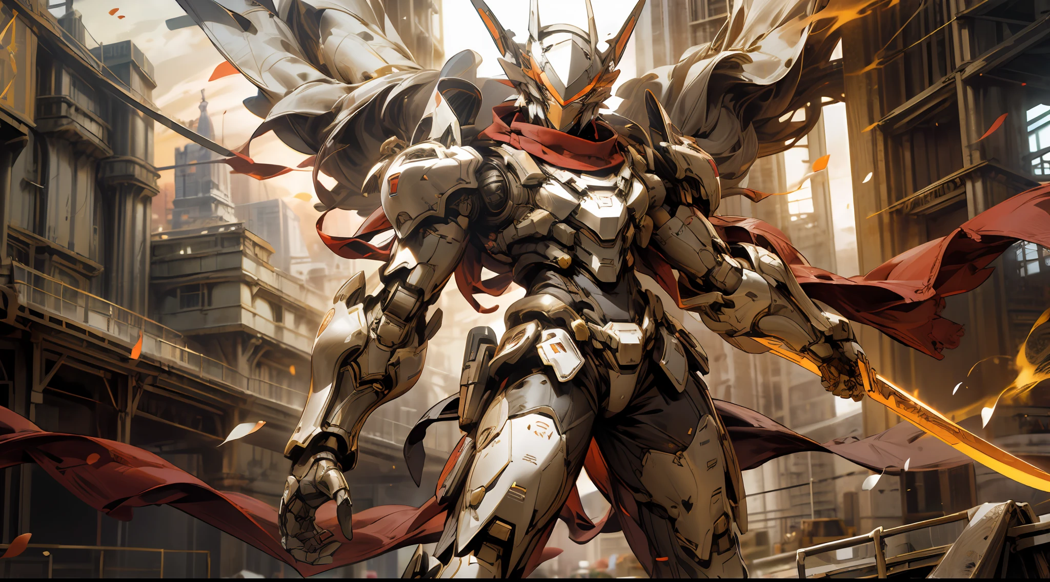 A beautiful game CG with the Doomsday theme armor as the main body, super detail, this is a light black and light white complex structure of the mecha, the mech holds a red glowing wide heavy armor sword, Exudes fiery red light: 1.2, eyes emit dazzling red light: 0.8, 3D two-dimensional drawing, tattered red scarf swaying in the wind, anime drawing, chiaroscuro, light effects, mecha detailed and exquisite, mecha face delicate and clear, light source on the eyes, broken mechanical battlefield burning in the background, battle posture drawing, background fire flow, flow special effects, OWgenji