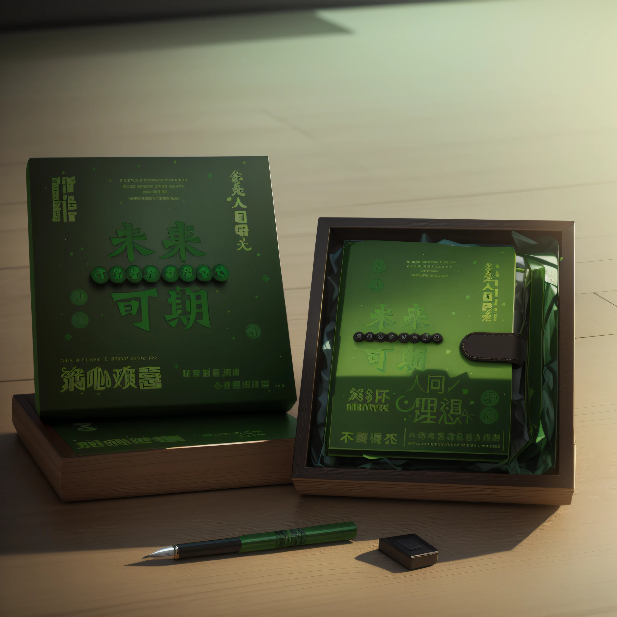 There is a green box, green cover and a pen, the background is green and consistent with the product, inspired by Xiao Yuncong, by Shi Tao, rendered in cinema 4D, rendered by Fei Danxu, rendered by Josetsu, rendered by Yi Jaegwan, rendered by Li Tiefu, 3D art rendered, product design lens, c 4 d", foreground plus some chinoiserie elements decoration