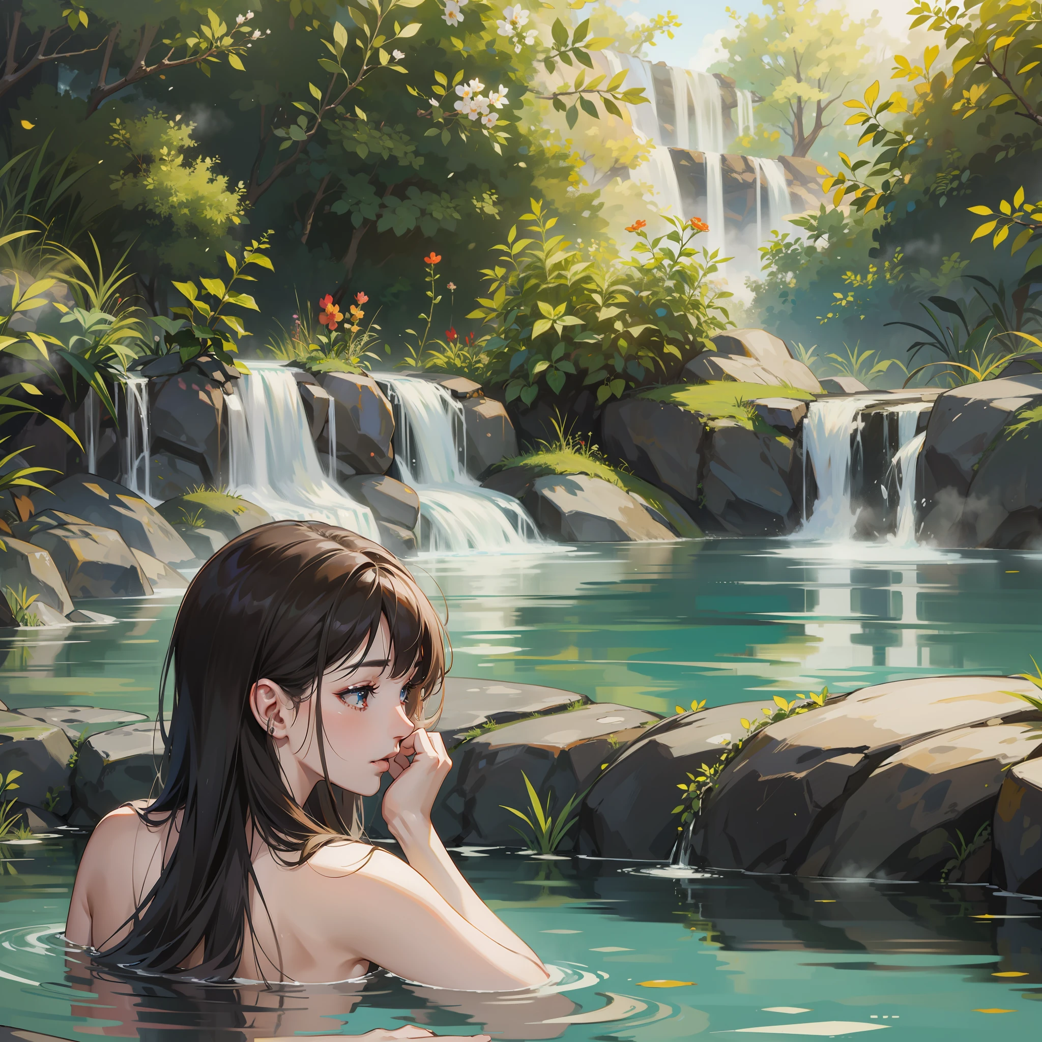 9 beauties, around hot spring, background of nature, looking into camera, steaming