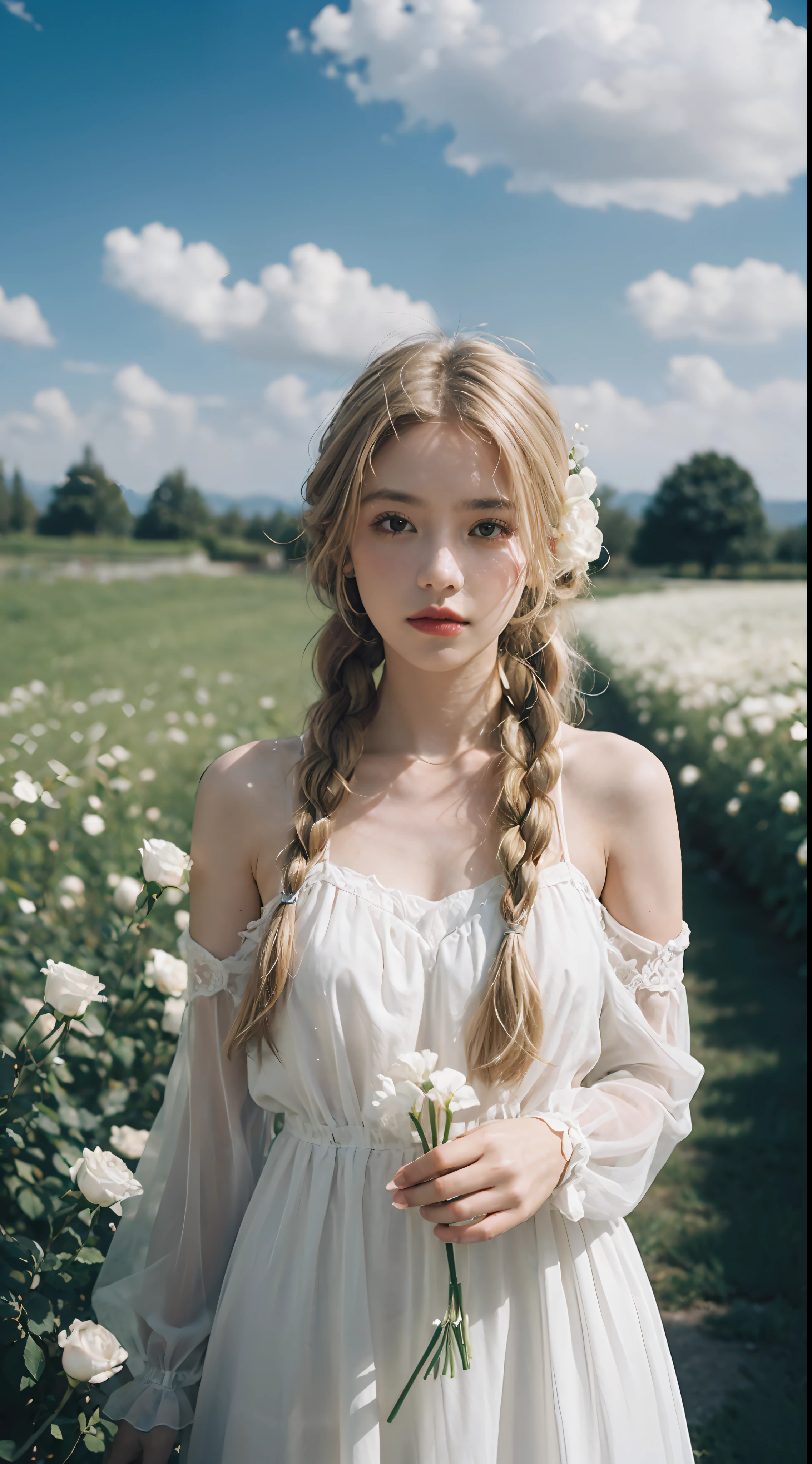 Poetic shots, hazy light and shadow, aestheticism, melancholic film, (cloudy), 1 girl, blonde hair, braids, emotional depth, white dress, flowers, flower fields, roses, bloom,