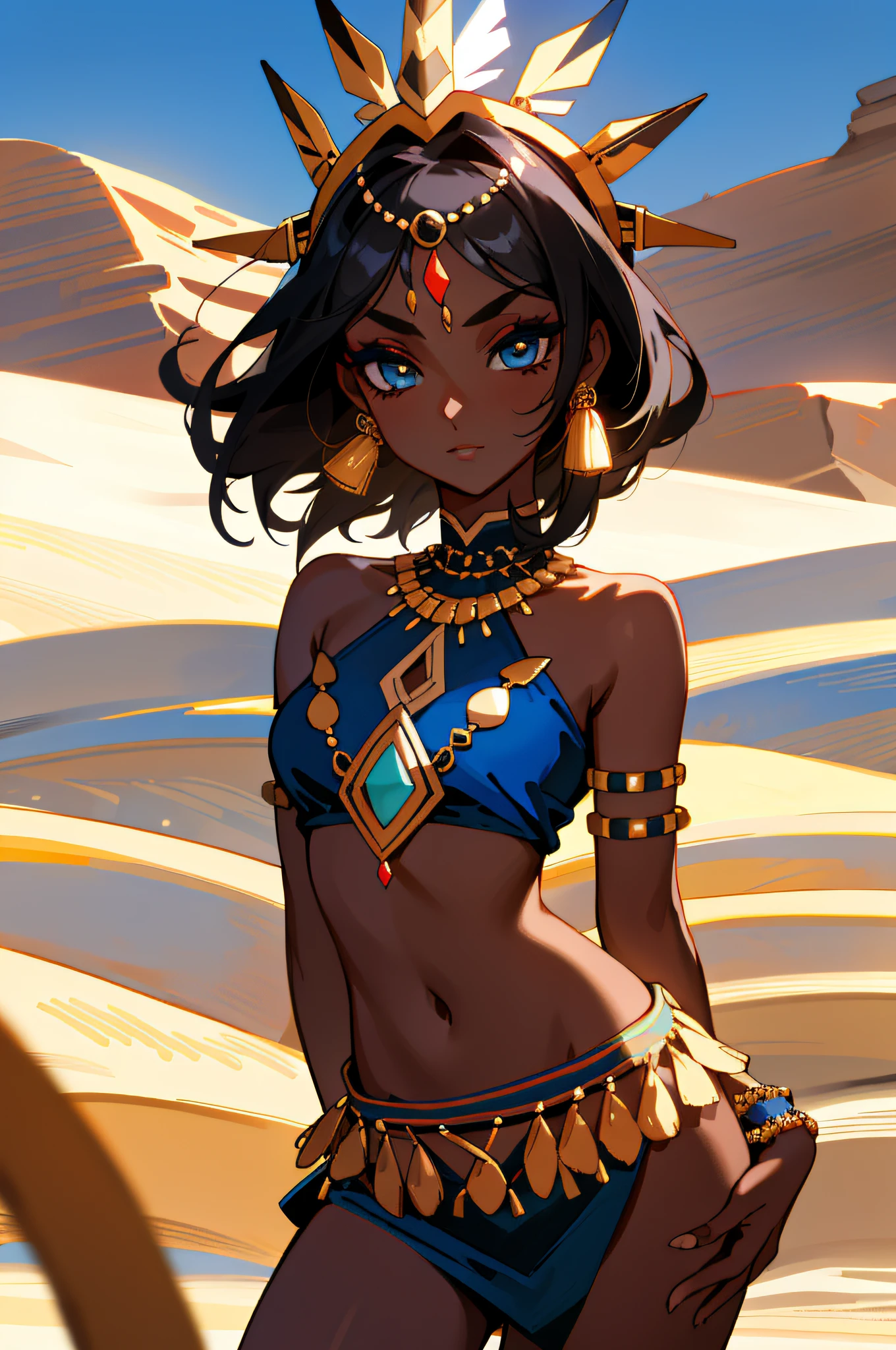 (Masterpiece: 1.2), (Best Quality: 1.2), Perfect Eyes, Perfect Face, Perfect Lighting, Photography, 1girl, SSAHC, Dark Skin, Lower Breasts, Navel, Sleek Abdomen, Colorful Tribal Dress, Headdress, Thick Eyelashes, Makeup, Eyeshadow, Medium Hair, Oasis, Desert Detail Outdoor Background, Ref, Professional Lighting