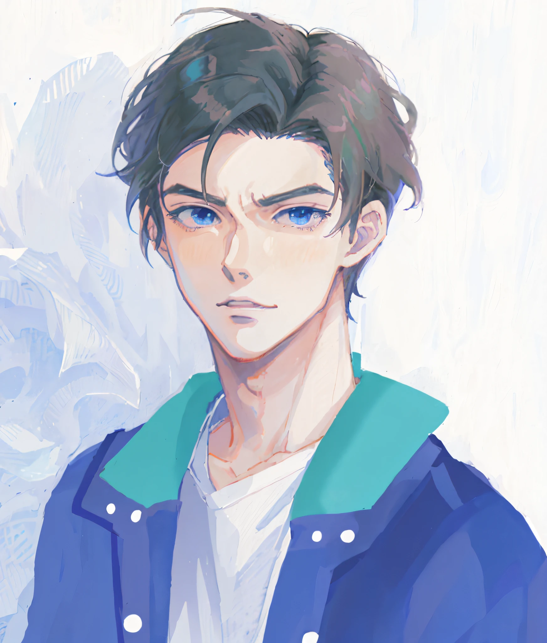 there is a man with a blue jacket and white shirt, anime handsome man, anime portrait of a handsome man, handsome guy in demon slayer art, kentaro miura art style, male anime style, kentaro miura manga art style, made with anime painter studio, digital anime illustration, anime style portrait, young anime man, tall anime guy with blue eyes