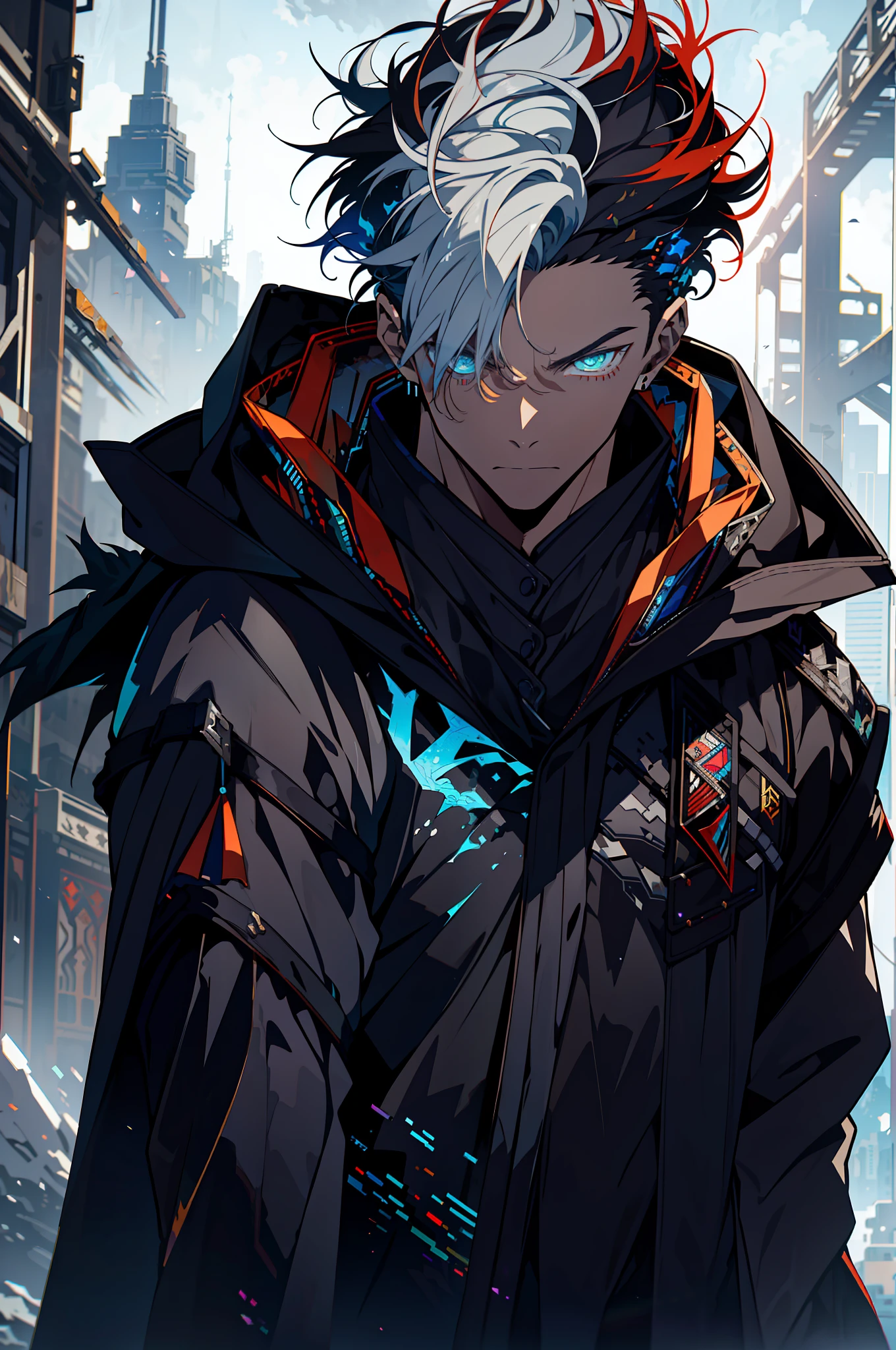 Cyberpunk male, fantasy world, dark background, clean design, epic instagram, artstation, colorful paint splatter, silhouette, hyper detailed intricate details, unreal engine, fantasy, intricate details, splash screen, complementary colors, Fantasy concept art, 8k resolution, deviantart masterpiece, oil painting, heavy strokes, paint dripping, (isolated on white background: 1.3), rainbow skin, (((handsome young man))), ((teenage:1.5) ), (glowing blue eyes), ((light eyes)), ((((short white hair: 1.1))), ((black clothes)), (prince\\(indifferent expression\\),, ( ((Wears high detail luxurious black robe))), red hair, frost magic, ((chest) --v 6